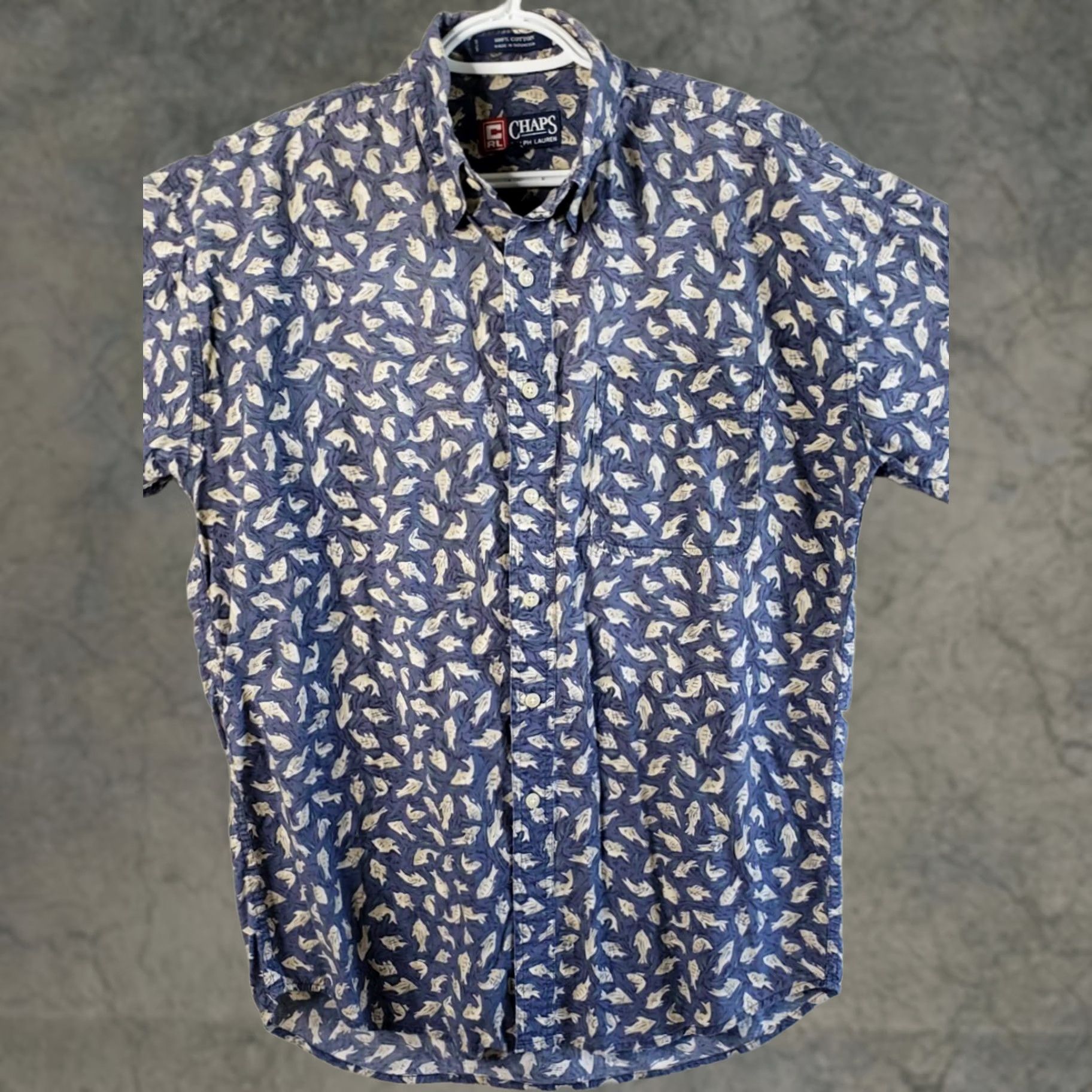 Chaps Chaps Ralph Lauren Mens M Short Sleeve Button-Down Shirt Blue with Fish Pattern, Cotton, Twill, Casual, Button-Up, Regular Fit Size US M / EU 48-50 / 2 - 1 Thumbnail