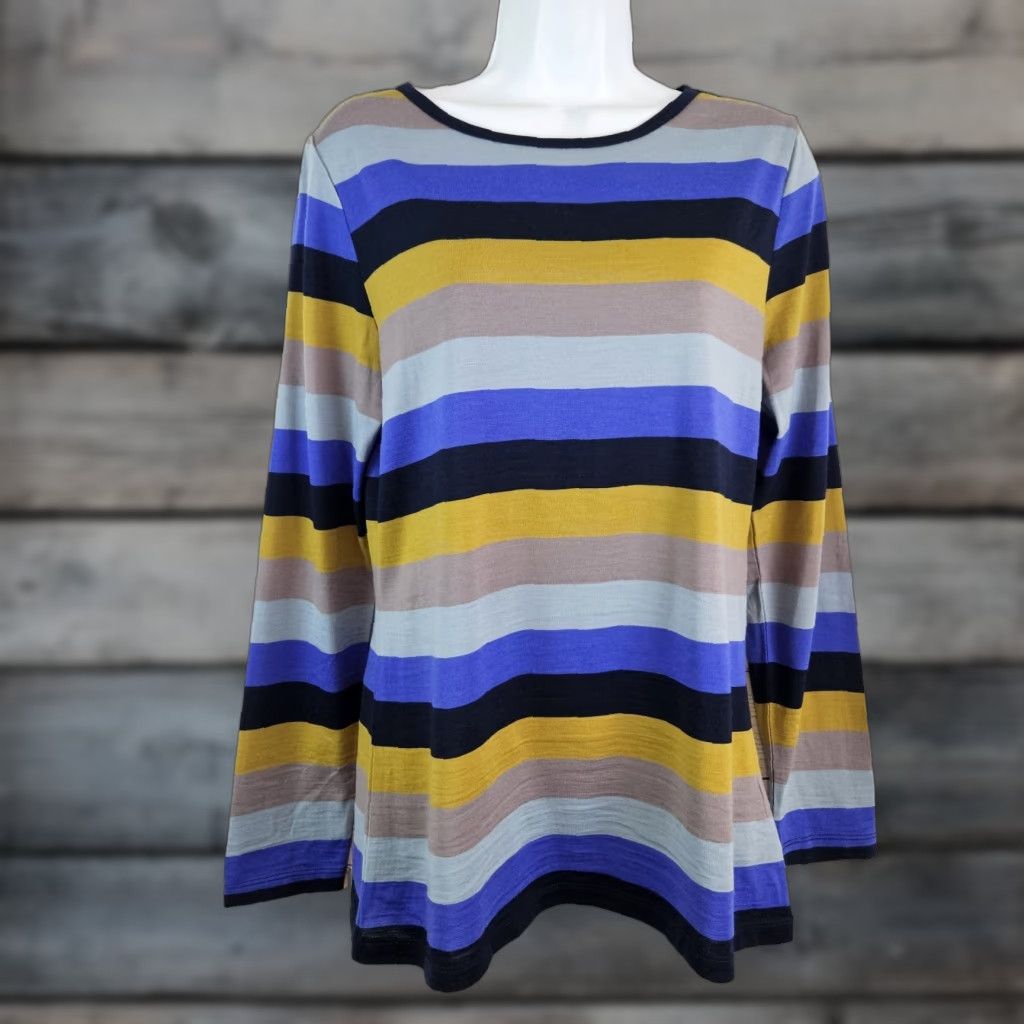 Vintage Foil Blouse Womens Merino Wool Top Sz Medium Blue Stripe Long Sleeve Knit Pullover Shirt Bodice Mens? Size M / US 6-8 / IT 42-44 - 1 Thumbnail