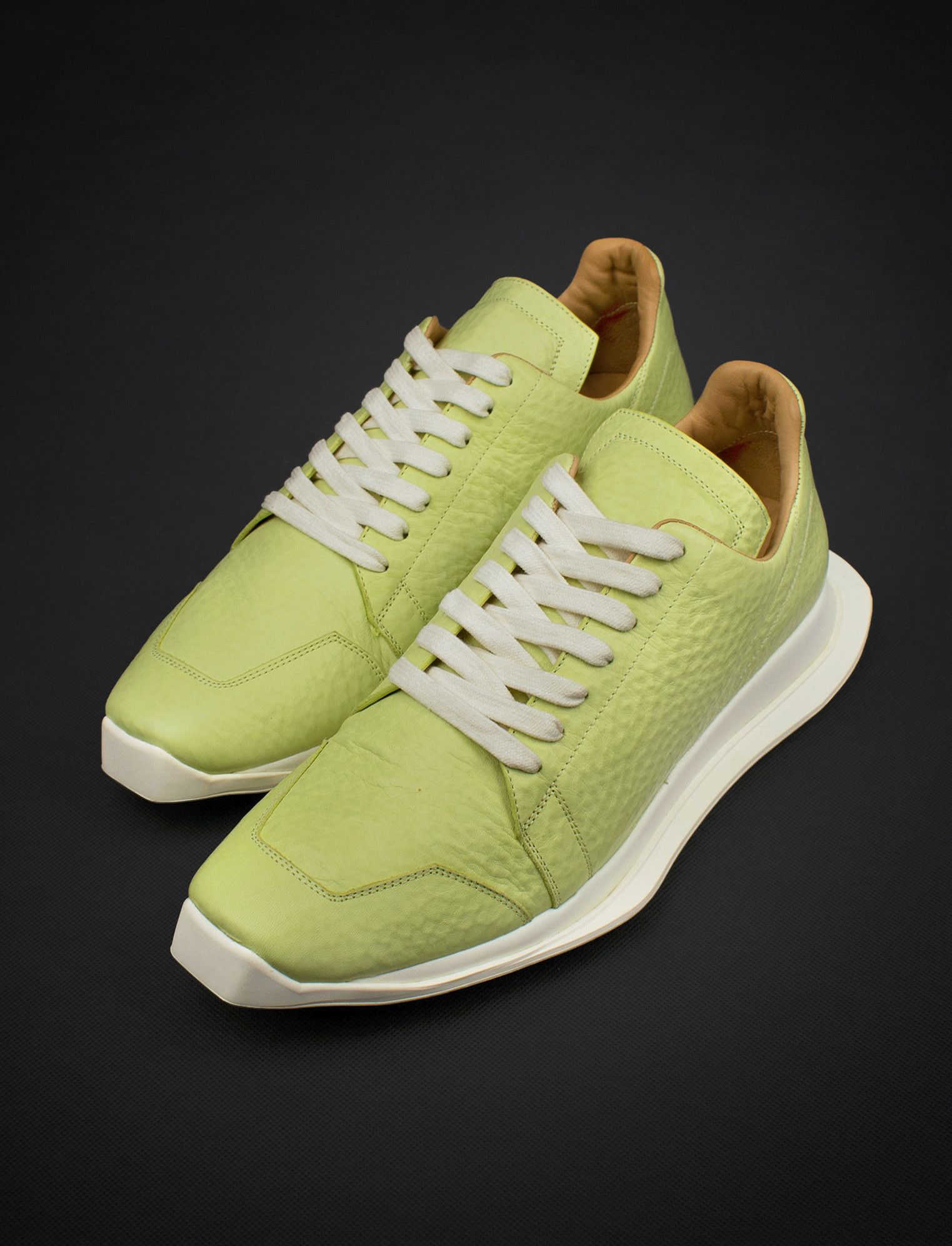 image of Rick Owens New. Oblique Lace Up Leather Runner Sneakers in Lime/Milk, Men's (Size 9)