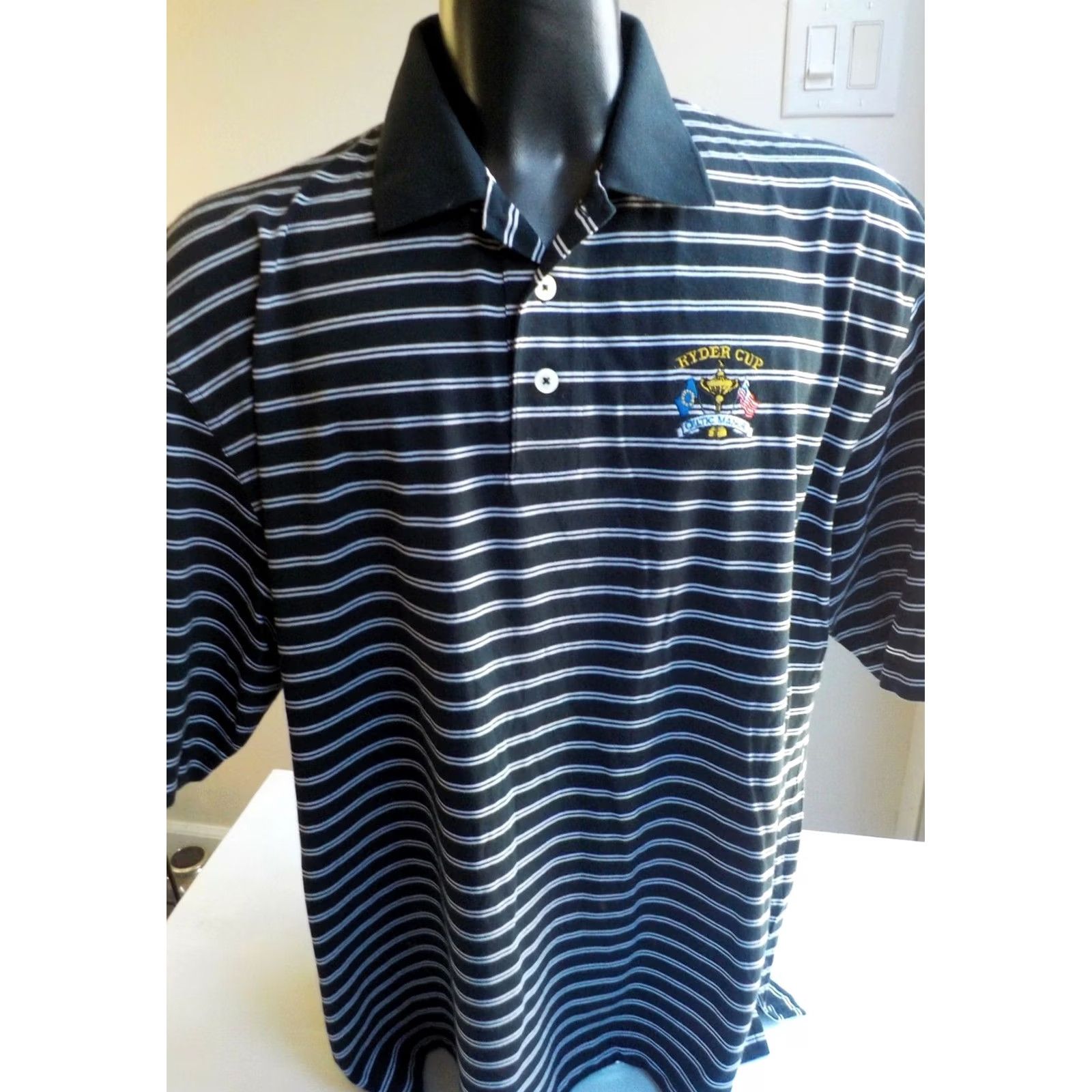 Vintage Ashworth Polo Shirt Mens XL Black White Stripes Ryder Cup Celtic Manor Embroidered Back Neck 65% Cotton 35% Polyester Size US XL / EU 56 / 4 - 2 Thumbnail