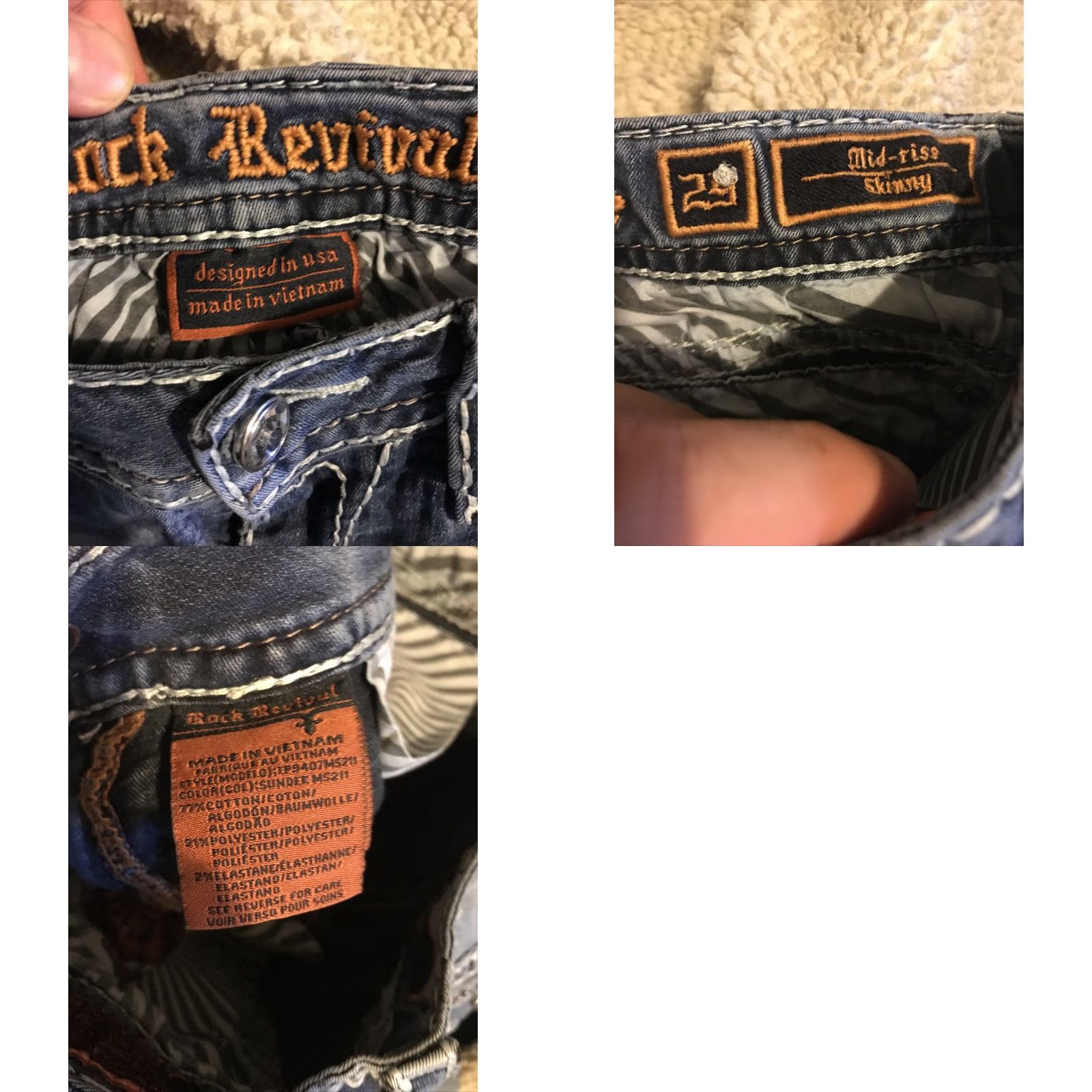 Vintage Rock Revival Jeans Womens 29 Blue Skinny Mid Rise Distressed Embroidered Rhinestone 5-Pocket Denim Leather Rockabilly Biker Metal Size 29" - 8 Thumbnail