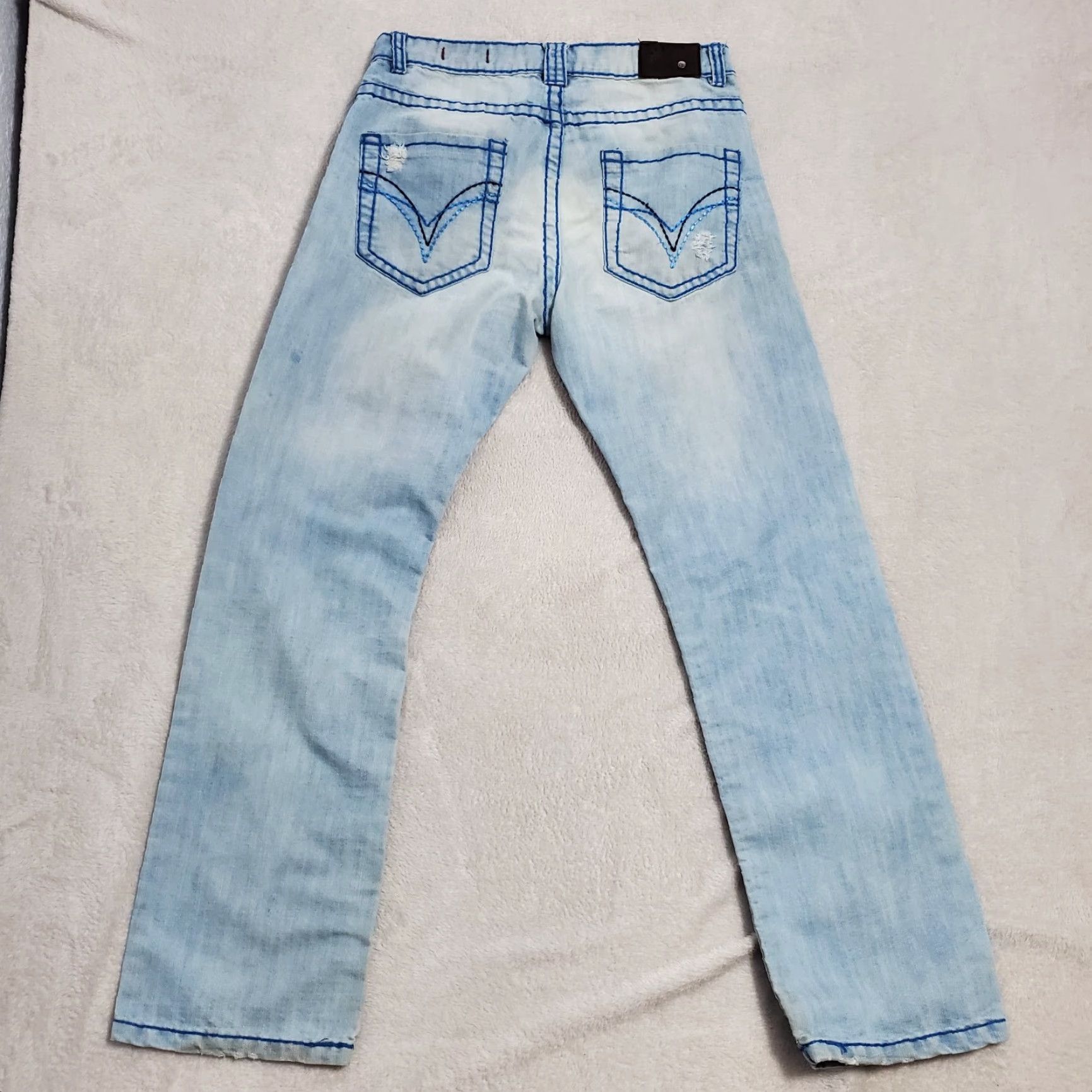 Denime VINTAGE Doceda Premium Denim Jeans Men 32x33 Blue Light Wash Straight Distressed Stained Embroidered Pockets 90s Y2K Men Jeans Size US 32 / EU 48 - 2 Thumbnail