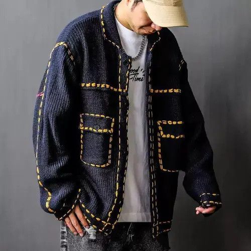 VIBE Contrast Stitch Knitted Sweater Jacket - Patch Pockets Size US L / EU 52-54 / 3 - 6 Thumbnail
