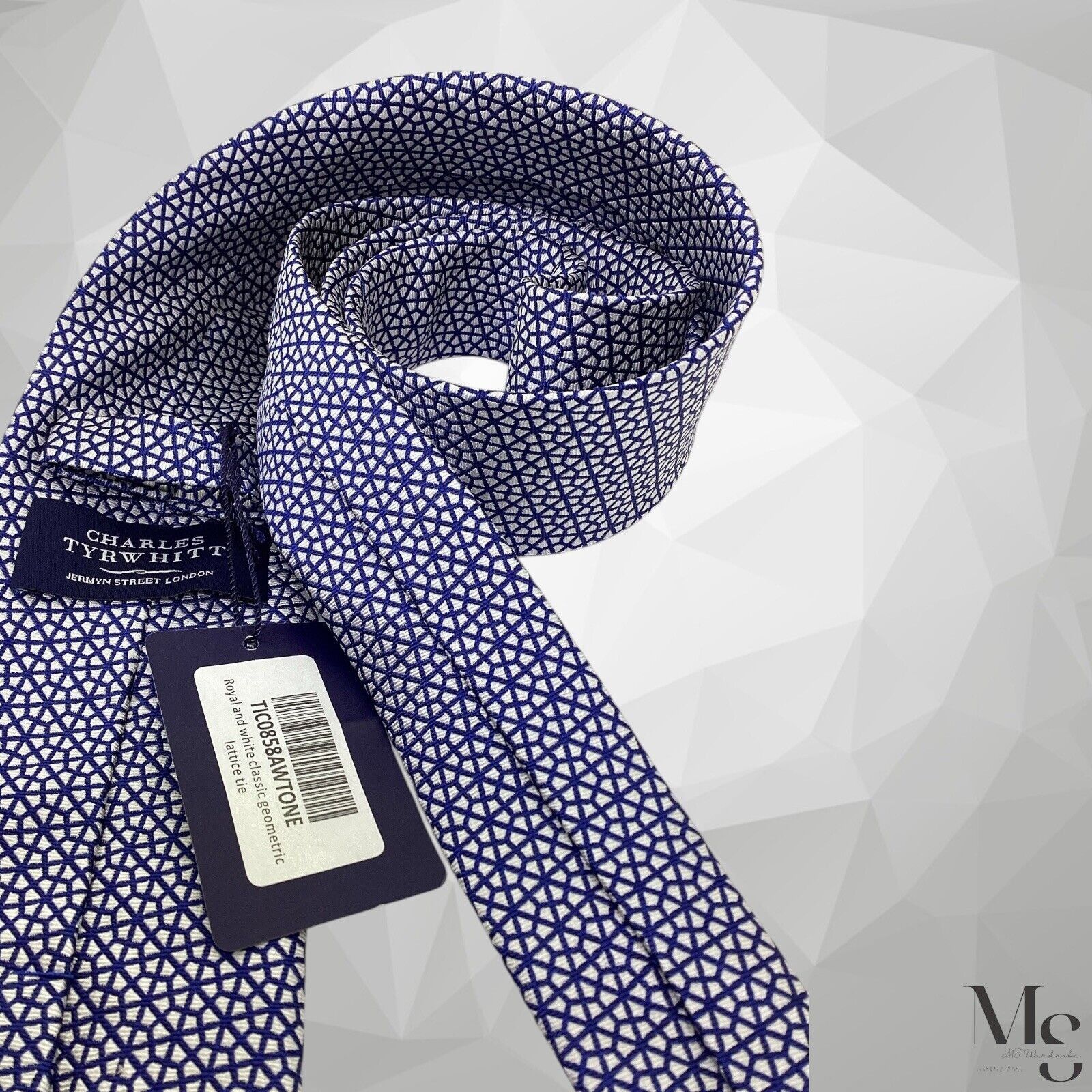 Charles Tyrwhitt CHARLES TYRWHITT Royal & White Geometric Lattice Silk Tie W: Size ONE SIZE - 4 Thumbnail