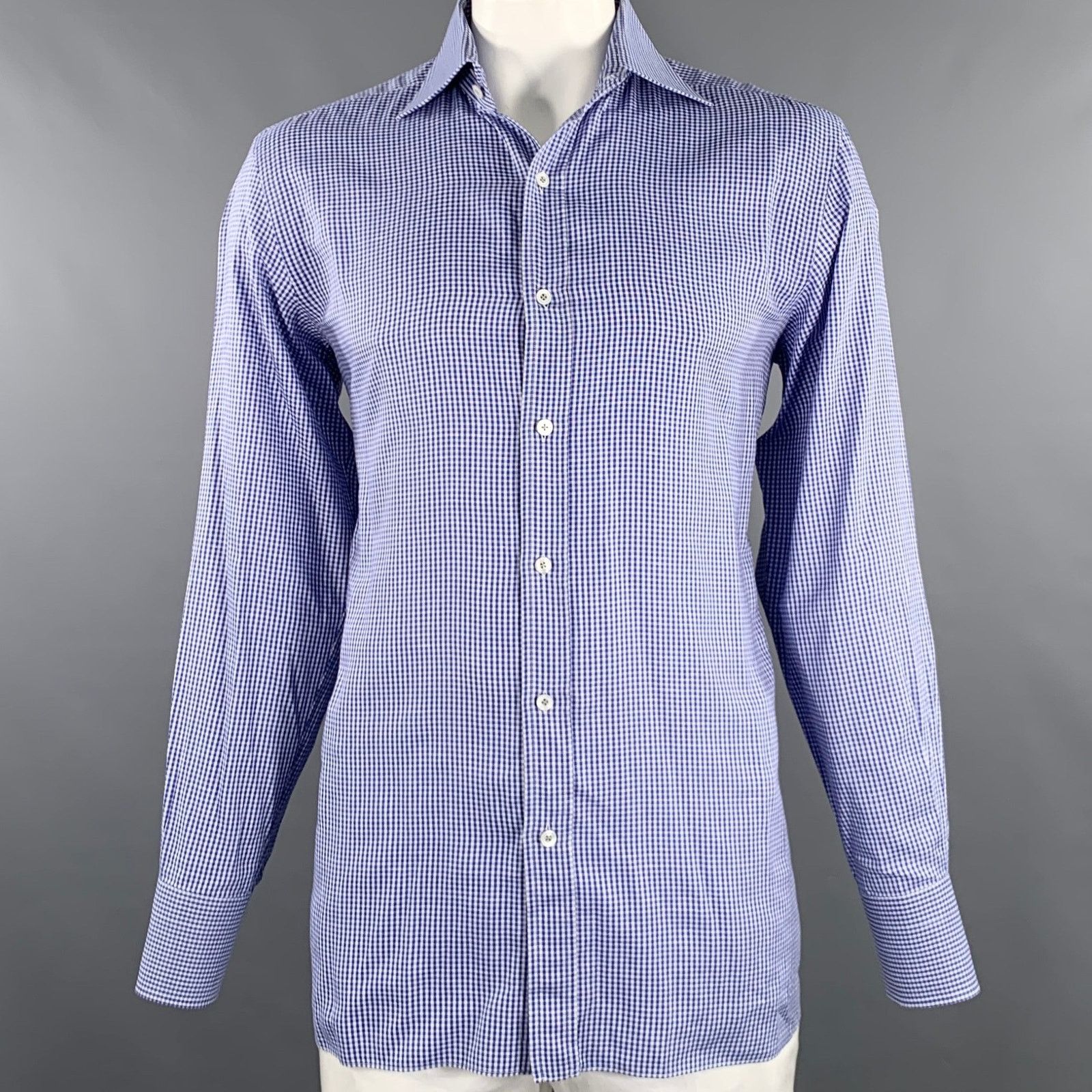 Size L Blue White Plaid Cotton Button Up Long Sleeve Shirt
