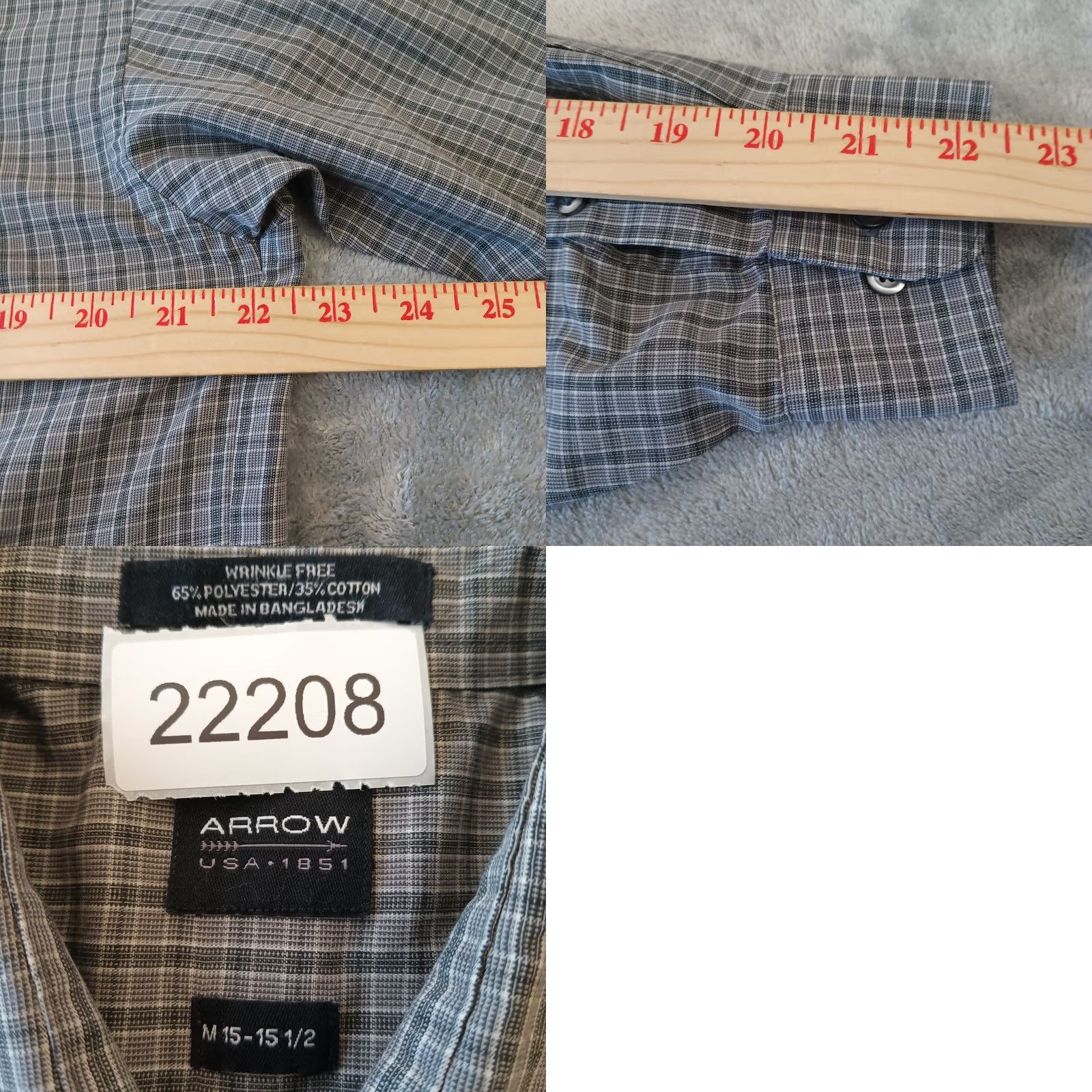 Arrow Arrow Shirt Mens Medium Gray Plaid Long Sleeve Button Up Cotton Blend Size US M / EU 48-50 / 2 - 8 Thumbnail