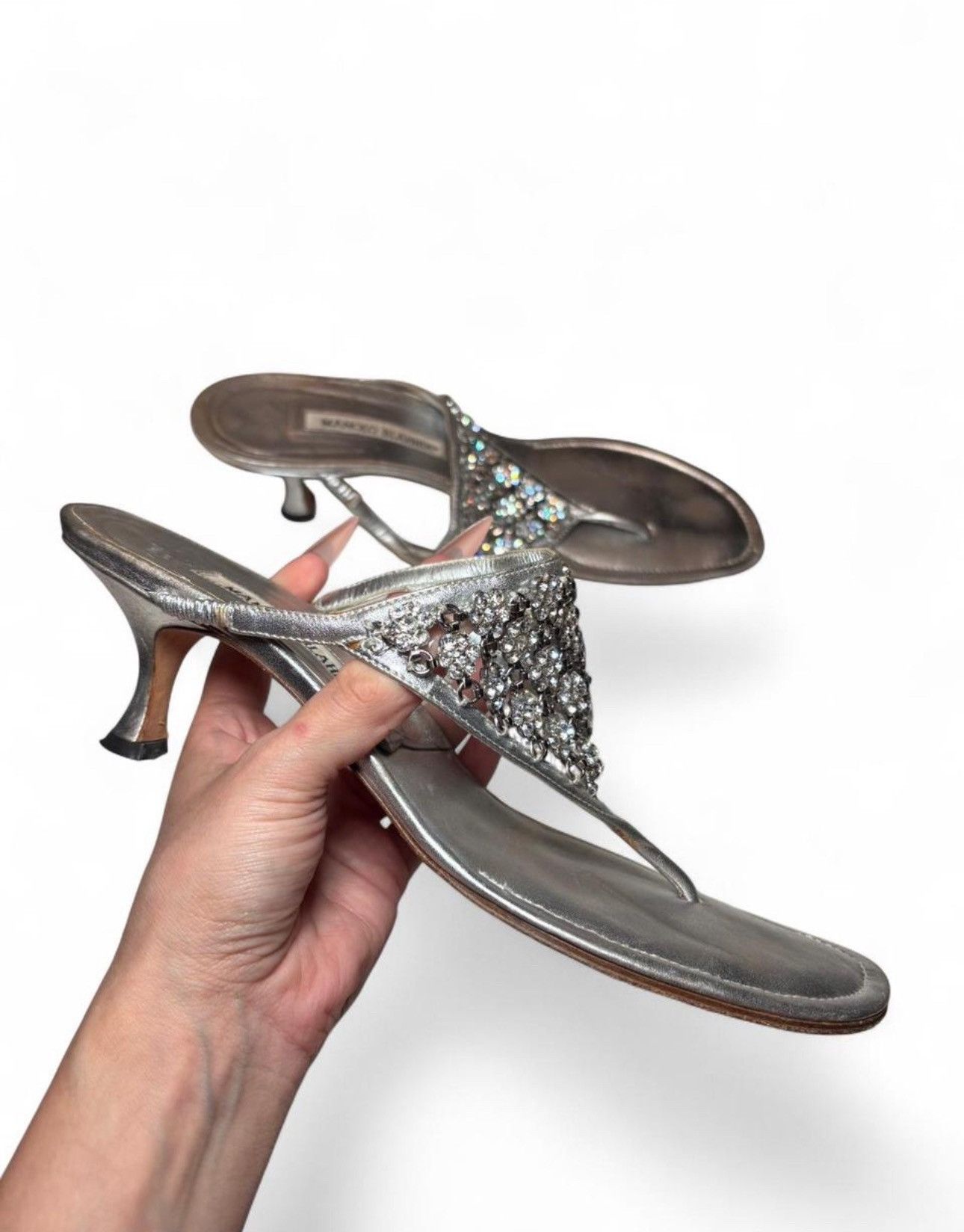Manolo Blahnik Manolo Blahnik Leather Crystal Embellished Thong Kitten Heel Size US 8 / IT 38 - 2 Thumbnail