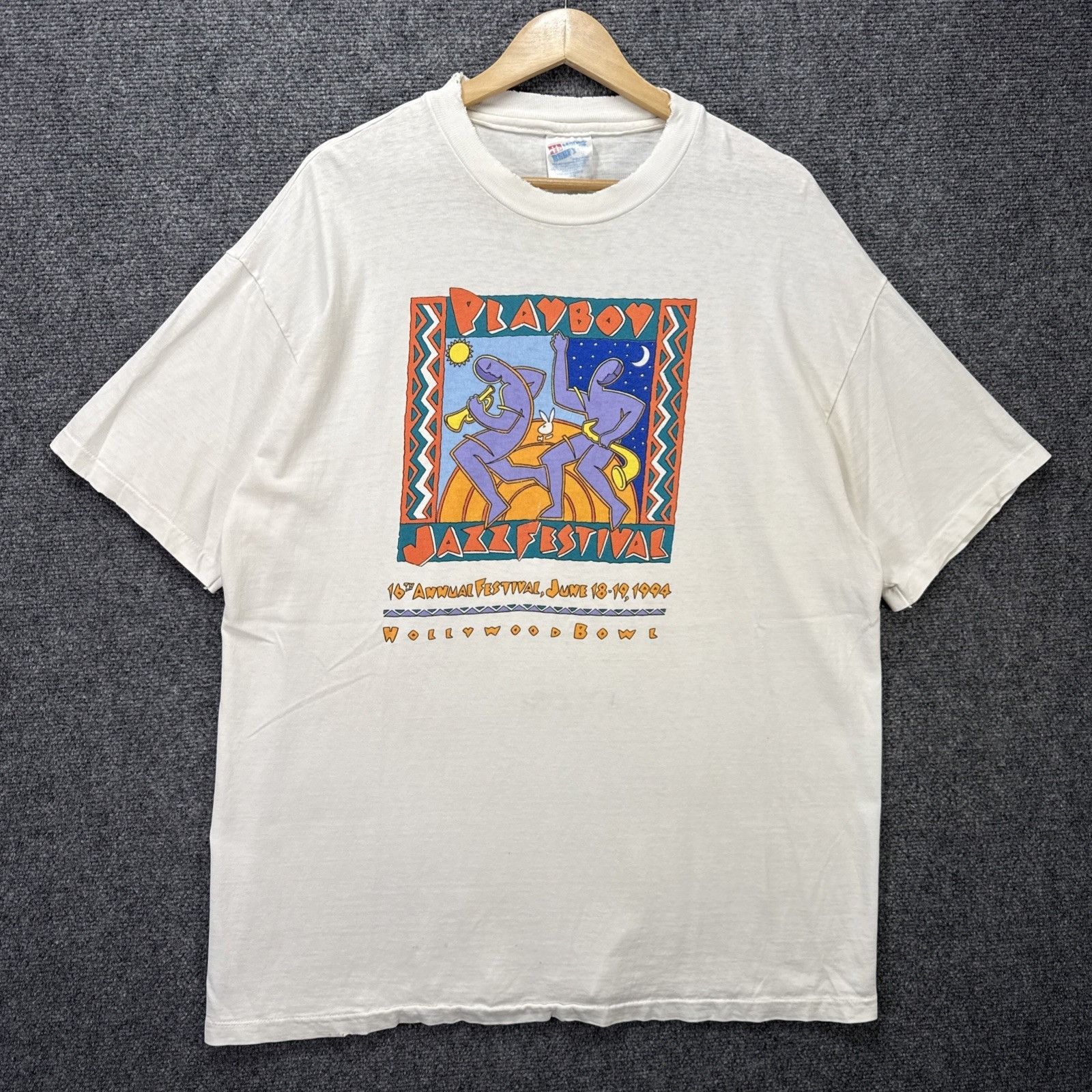 Vintage Playboy Shirt Mens XL White 90s Jazz Festival Art