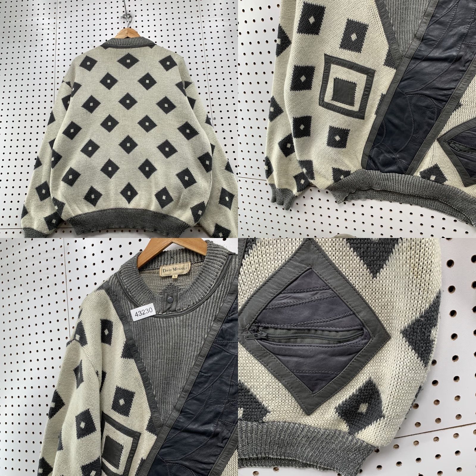 Vintage VINTAGE David Michaels Leather Knit Sweater Shirt Mens Large Gray Argyle Pullover 90s Mens Size US L / EU 52-54 / 3 - 8 Thumbnail