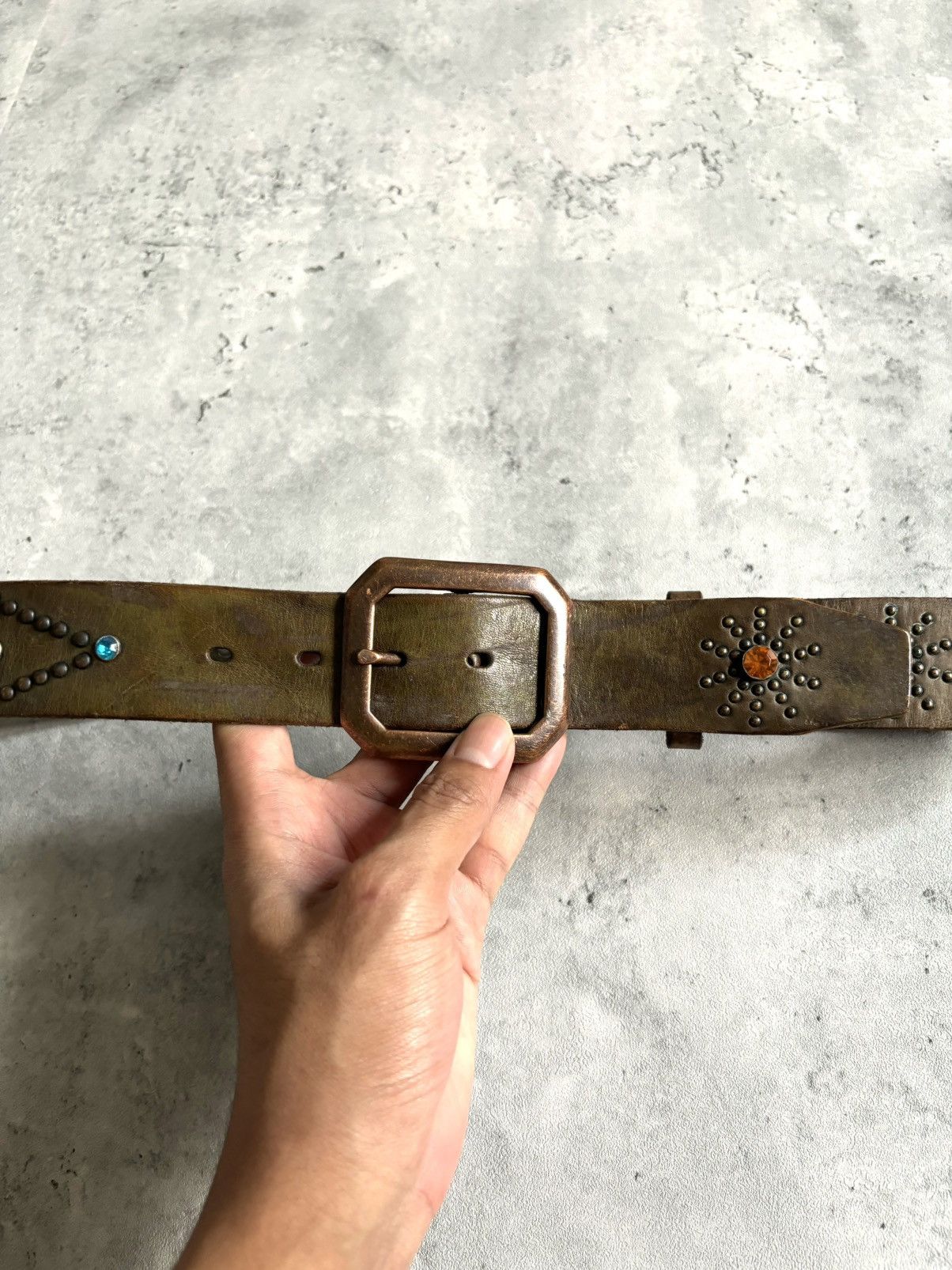 Japanese Brand Leather Design Blue&Orange Studded Belt Size 32 - 3 Thumbnail