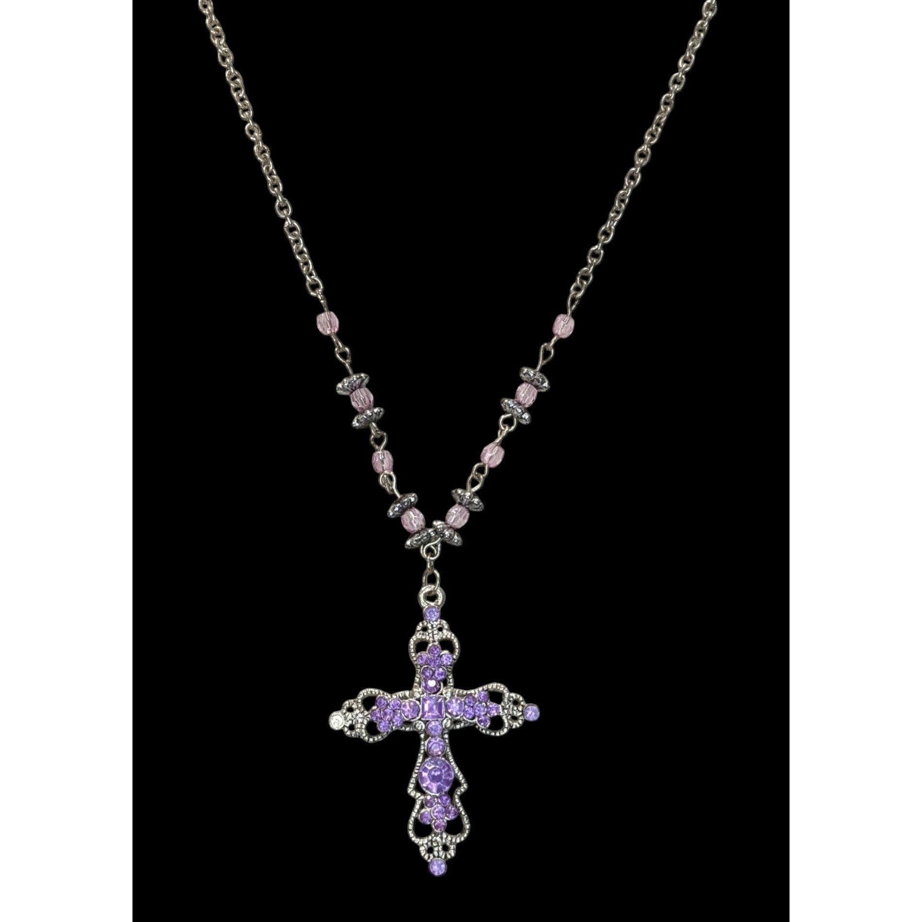 Other Pastel Goth Purple Rhinestone Cross Necklace With Beaded Cha Size ONE SIZE - 5 Thumbnail