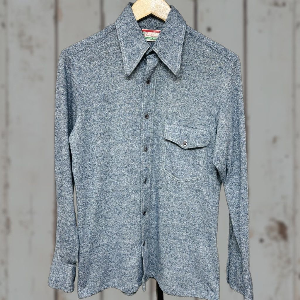 VINTAGE Puccini di Roma Knit Dagger Collar Spread Button Up Shirt 60s 70s Mens Blue Long Sleeve Polyester Knit Shirt Button-Up Collar Spread 15.5