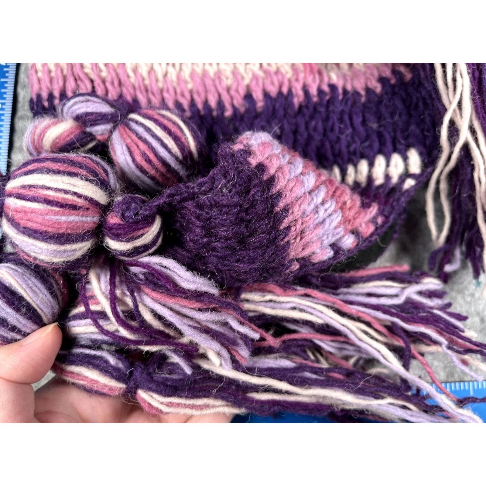 Vintage Womens Beanie Hat Striped Purple Wool Knit Ear Flap Lined Thermal Tassel POM Winter VINTAGE? Size ONE SIZE - 2 Thumbnail