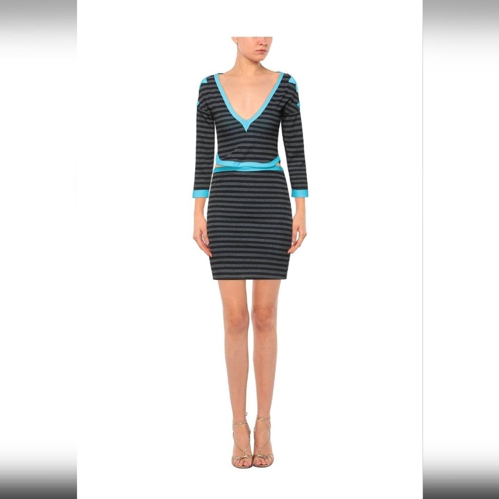 Frankie Morello Frankie Morello Black and Blue Bodycon Dress V-Neck Size XS / US 0-2 / IT 36-38 - 2 Thumbnail