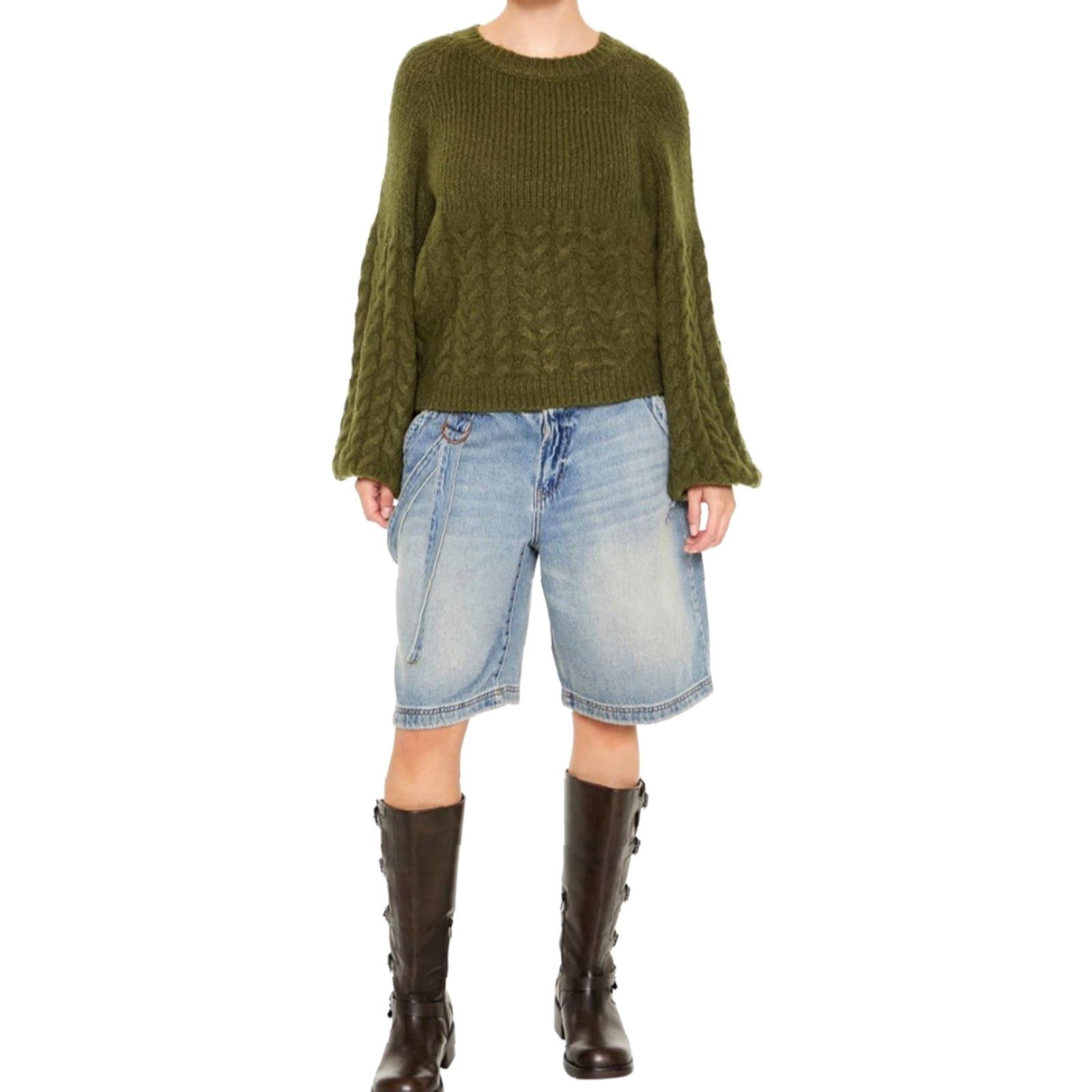 Forever 21 FOREVER 21 Women’s Sweater NWT Cable Knit Peasant-Sleeve Green Size M - Fall Winter, Casual Pullover, Round Neck, Long Sleeve, Womens Size M / US 6-8 / IT 42-44 - 3 Thumbnail