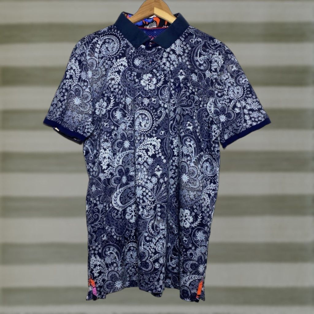 Au Noir VINTAGE Au Noir Polo Shirt Paisley Navy Cotton XL Mens Short Sleeve Collared Button Regular Size US XL / EU 56 / 4 - 1 Thumbnail