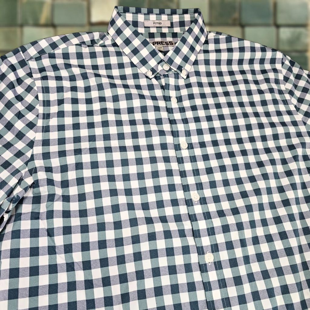 Express Express Shirt Men L Teal Check Button-Up Knit Cotton Long Sleeve Size US L / EU 52-54 / 3 - 1 Thumbnail