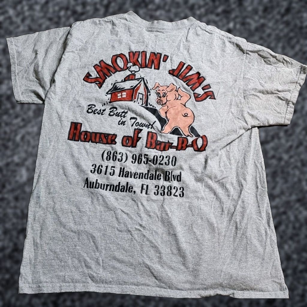 Gildan Gildan Gray BBQ T-Shirt Men’s Large Smokin’ Jim's Best Butts Graphic Print Short Sleeve Pig Design Size US L / EU 52-54 / 3 - 1 Thumbnail