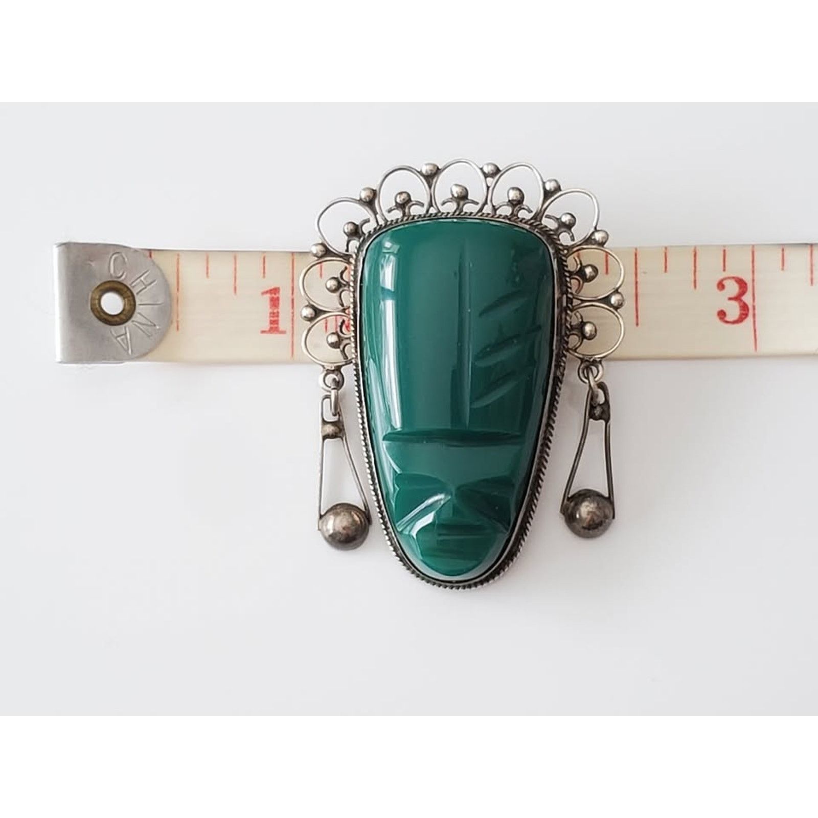 Other Vintage Sterling Silver Chrysoprase Mayan Warrior Brooch Size ONE SIZE - 8 Thumbnail