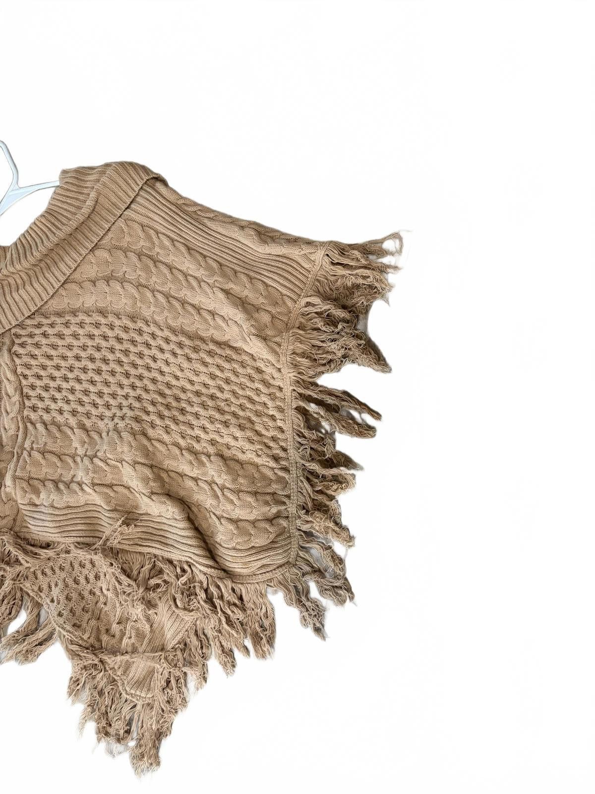 Unknown London Jaclyn Smith Beige Cable Knit Poncho w/ Fringe Detail Small Size ONE SIZE - 2 Thumbnail