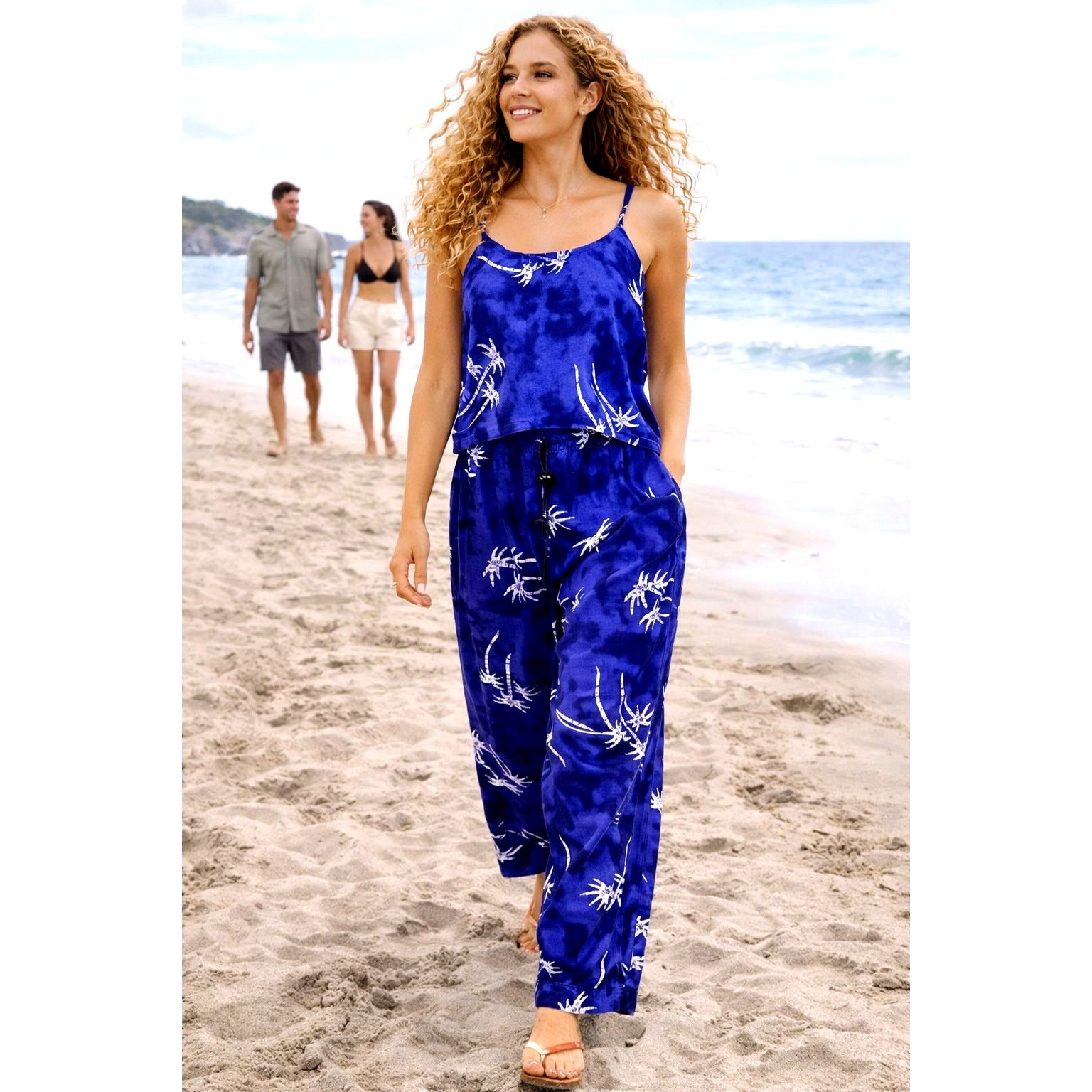 Other 2 Piece Island Ready Crop Top Matching Pants Palm Trees L Size 34" / US 12 / IT 48 - 1 Thumbnail