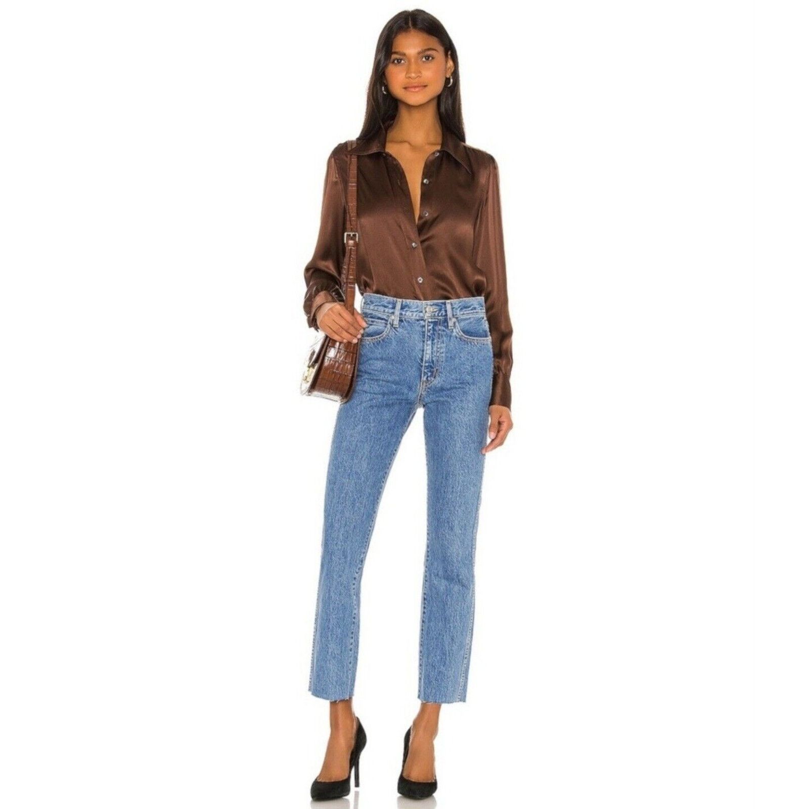 image of Slvrlake Hero Cropped Raw Hem Mid-Rise Straight 26(27×27) in Blue, Women's