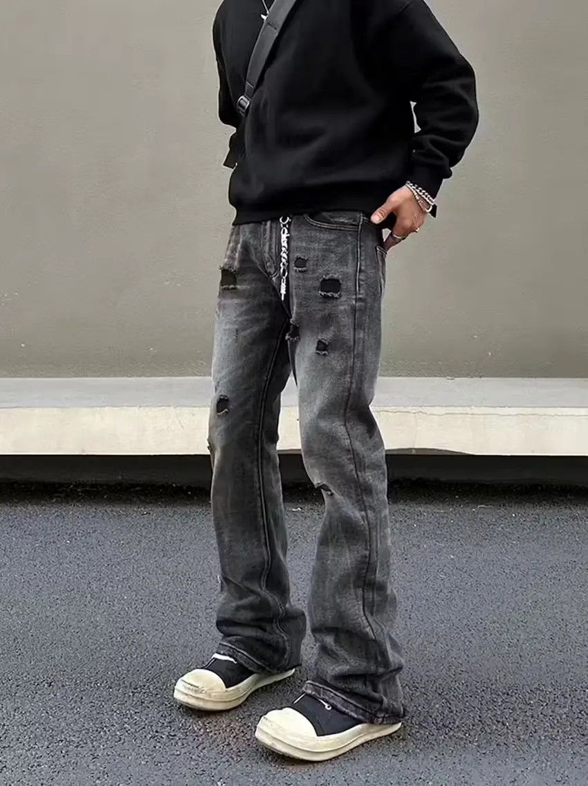 Designer × Japanese Brand Black ripped washed and distressed baggy denim pants Size US 33 - 1 Thumbnail