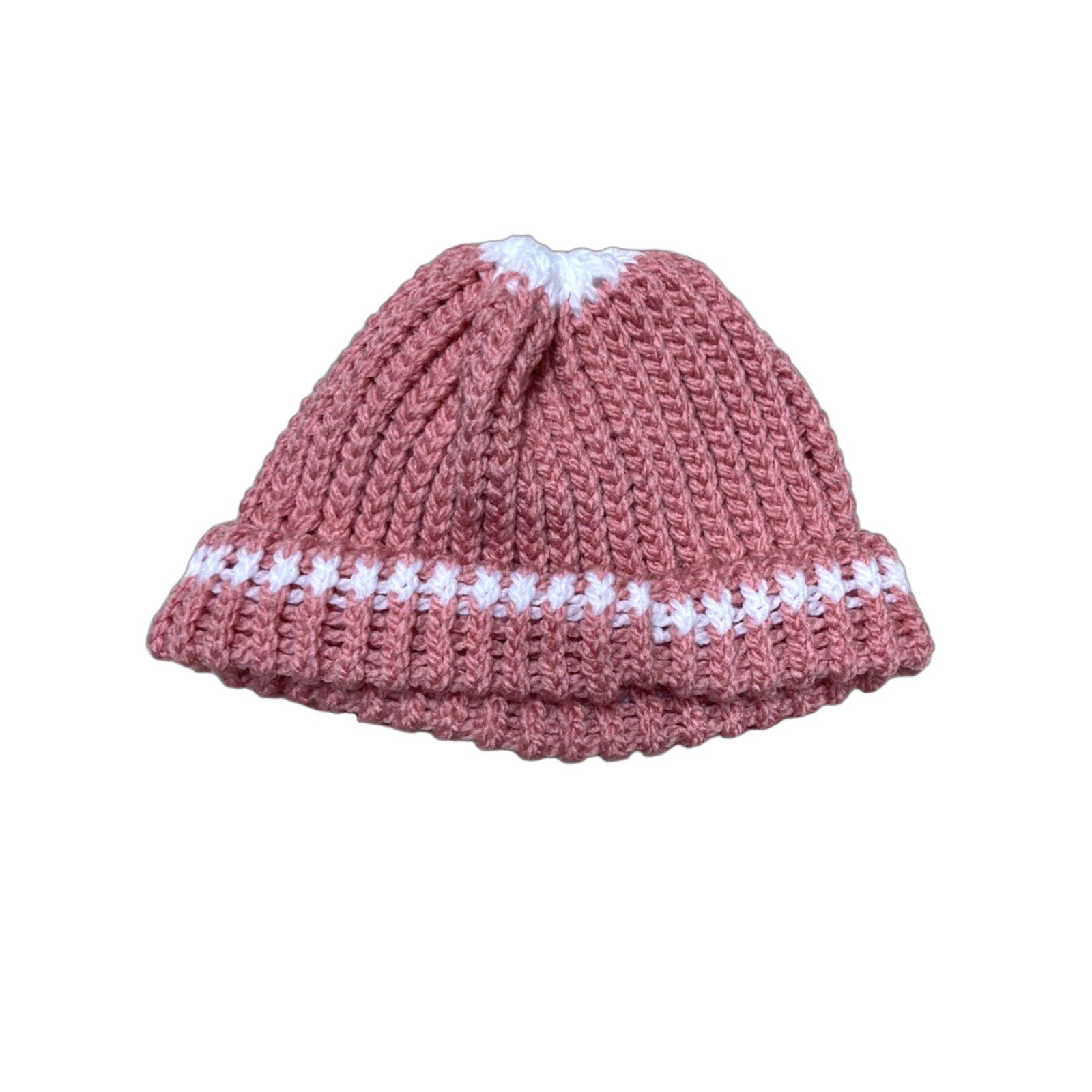 Pinko VINTAGE Crochet Knit Beanie Hand Made Pink White Stripe Snow Toboggan Soft Adult Beanie Women One Size Redo? Size ONE SIZE - 1 Thumbnail