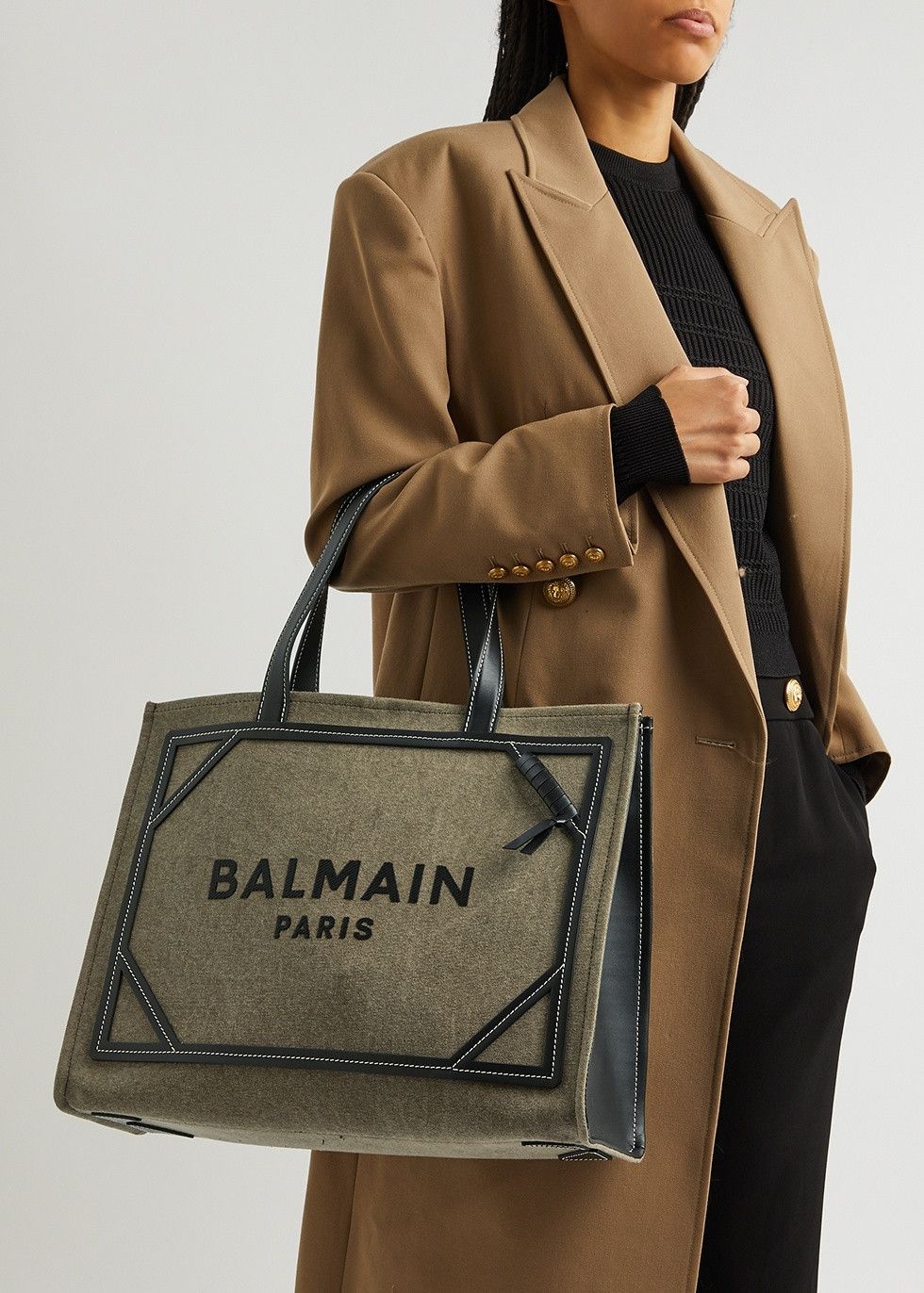 Balmain BALMAIN B Army 42 khaki black green canvas leather tote bag Size ONE SIZE - 3 Thumbnail