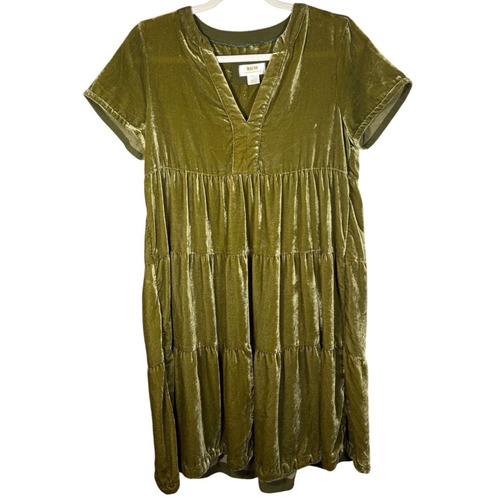 Anthropologie Maeve Women’s Olive Christmas Velvet Dress S Quiet Luxury Size S / US 4 / IT 40 - 2 Thumbnail