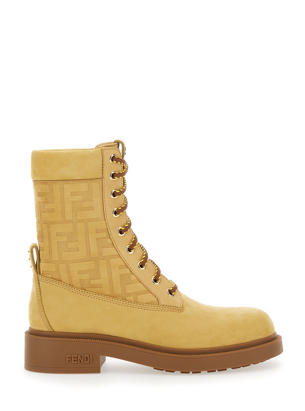 Fendi Yellow Combat Boots with Tone-on-Tone FF Motif and Side Logo in Leather for Women Size US 9 / IT 39 - 1 Thumbnail