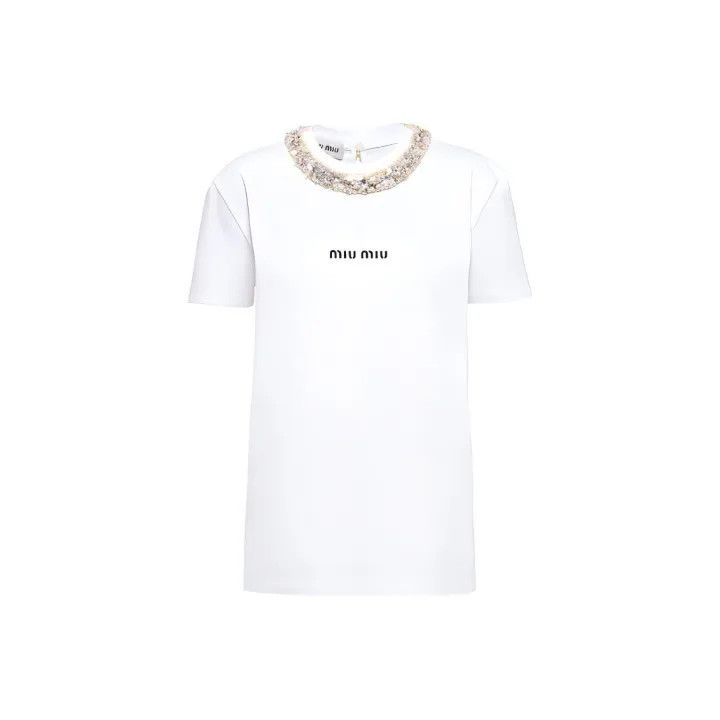Miu Miu Miu Miu Logo Print Rhinestone Collar T-Shirt 0079 Size S / US 4 / IT 40 - 1 Thumbnail
