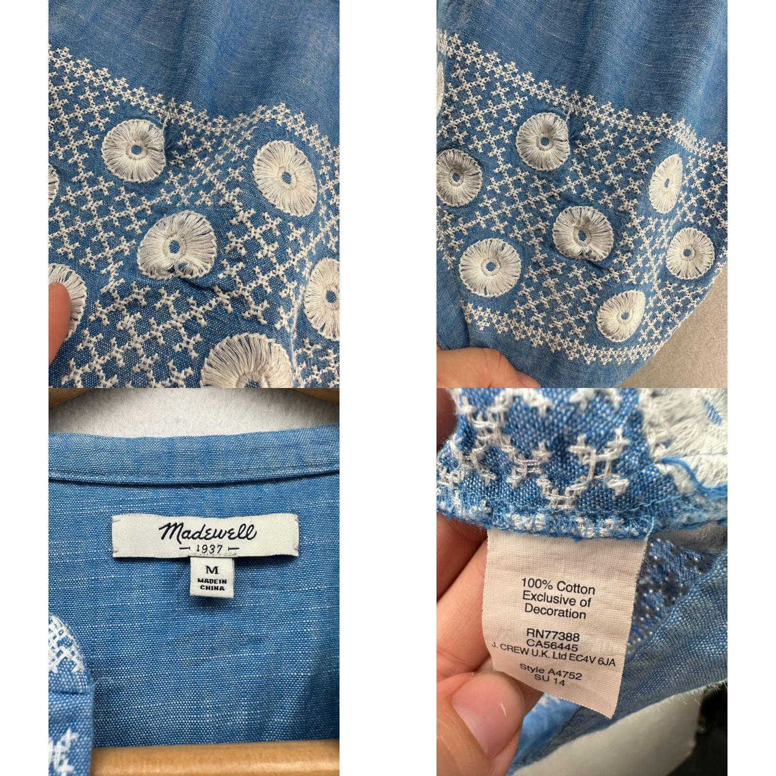 Madewell Madewell Mini Dress Blue Women's M Chambray Sunstitch Embroidered Boho Floral Pockets Summer Short Sleeve V-Neck Snap Size M / US 6-8 / IT 42-44 - 8 Thumbnail