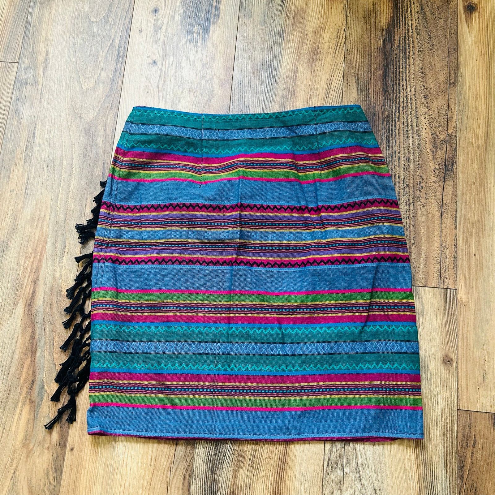 Vintage 90s Vintage Boho Mini Skirt Striped Fringe Cotton Large Size 31" - 4 Thumbnail