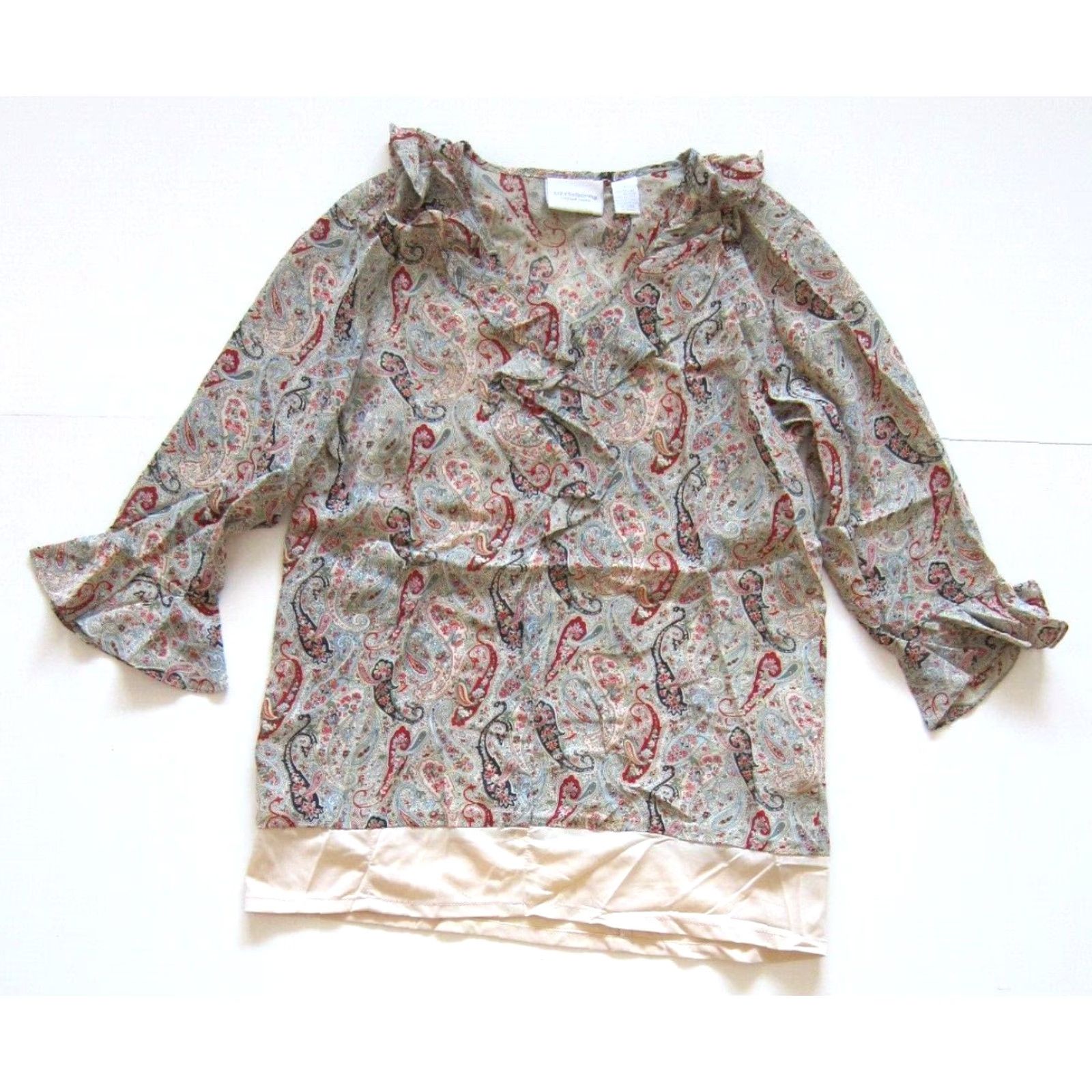 Liz Claiborne Liz Claiborne Blouse 3/4 Sleeve V-Neck Paisley Ruffle 100% Rayon Red Green Blue S Womens Size S / US 4 / IT 40 - 2 Thumbnail