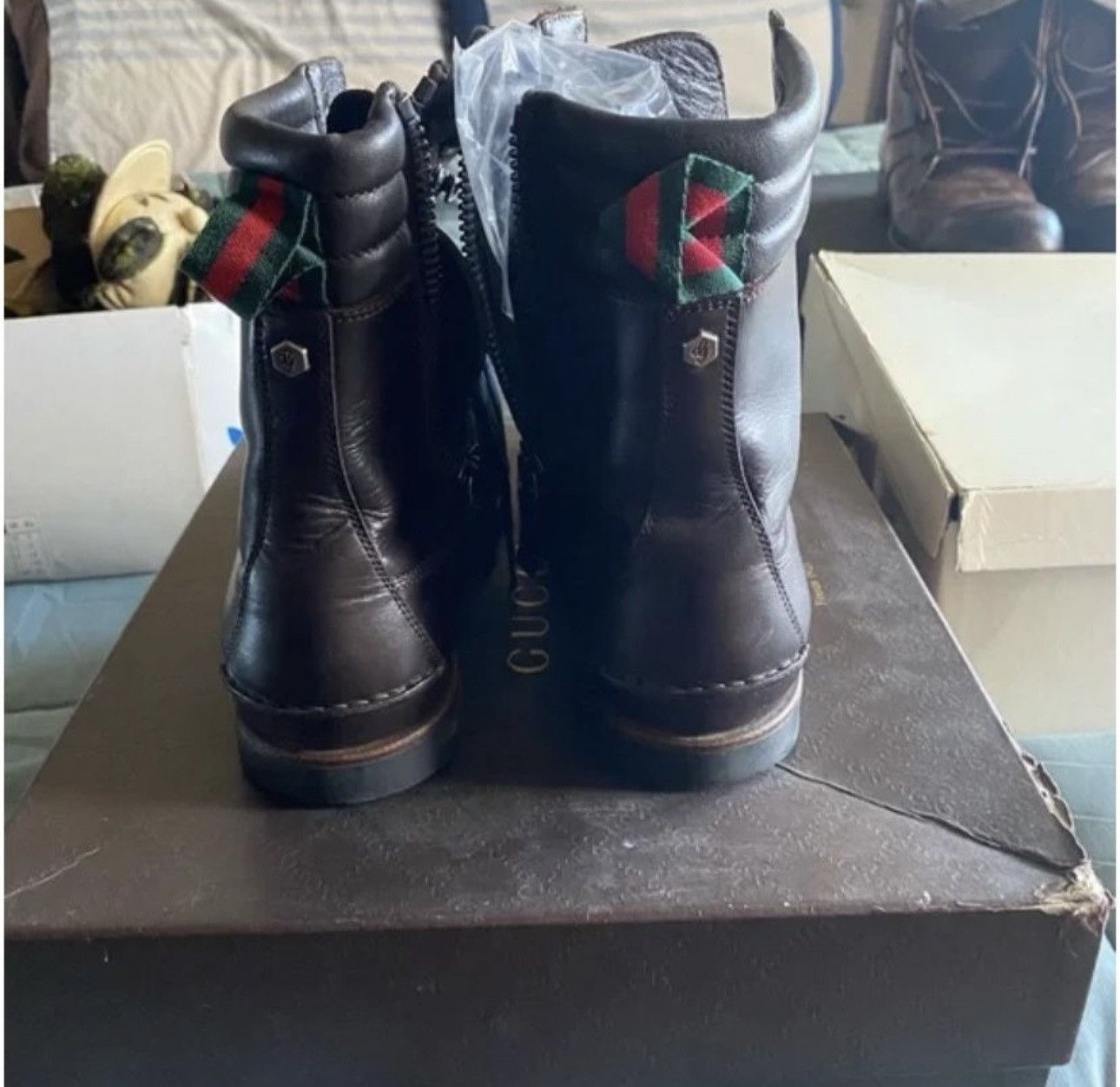 Gucci Gucci Leather Combat Boots w/ Web Stripe & Monogram Sole Size US 8 / EU 41 - 3 Thumbnail