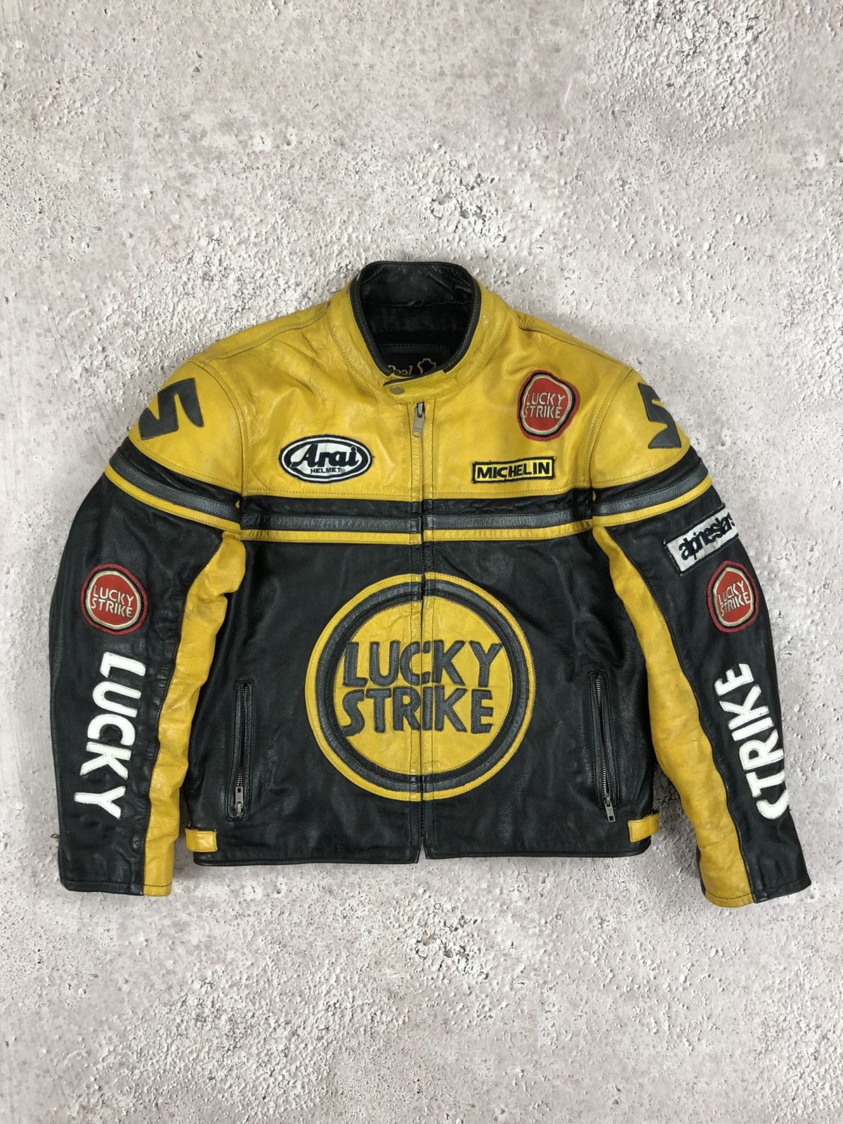 image of Arrow Lucky Strike Leather Racing Jacket in Black/Yellow, Men's (Size Large)