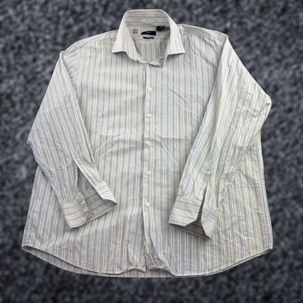 Hugo Boss HUGO BOSS Dress Shirt Mens 18 34/35 Blue Yellow Stripe Regular Fit Long Sleeve Shirt Size 48R - 1 Thumbnail
