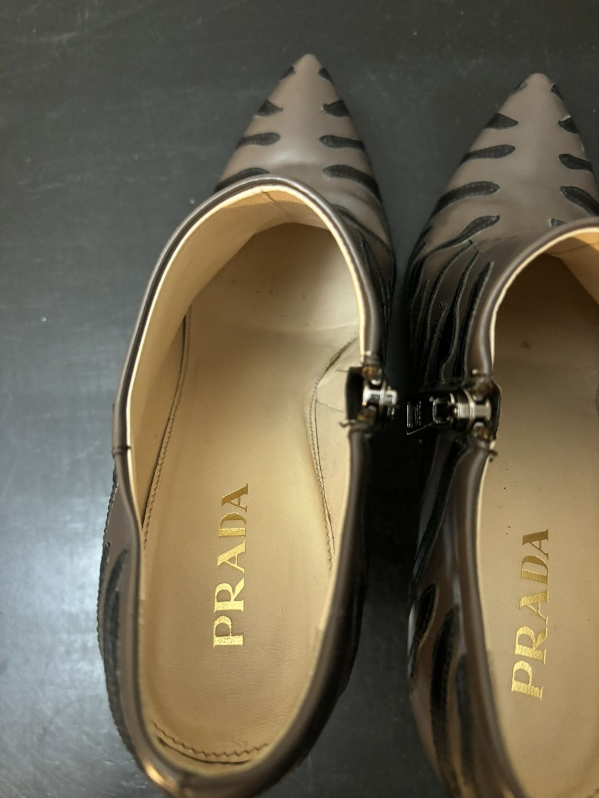 Prada Prada Leather Tiger Stripe Heeled Booties Brown Black Size US 7.5 / IT 37.5 - 7 Thumbnail