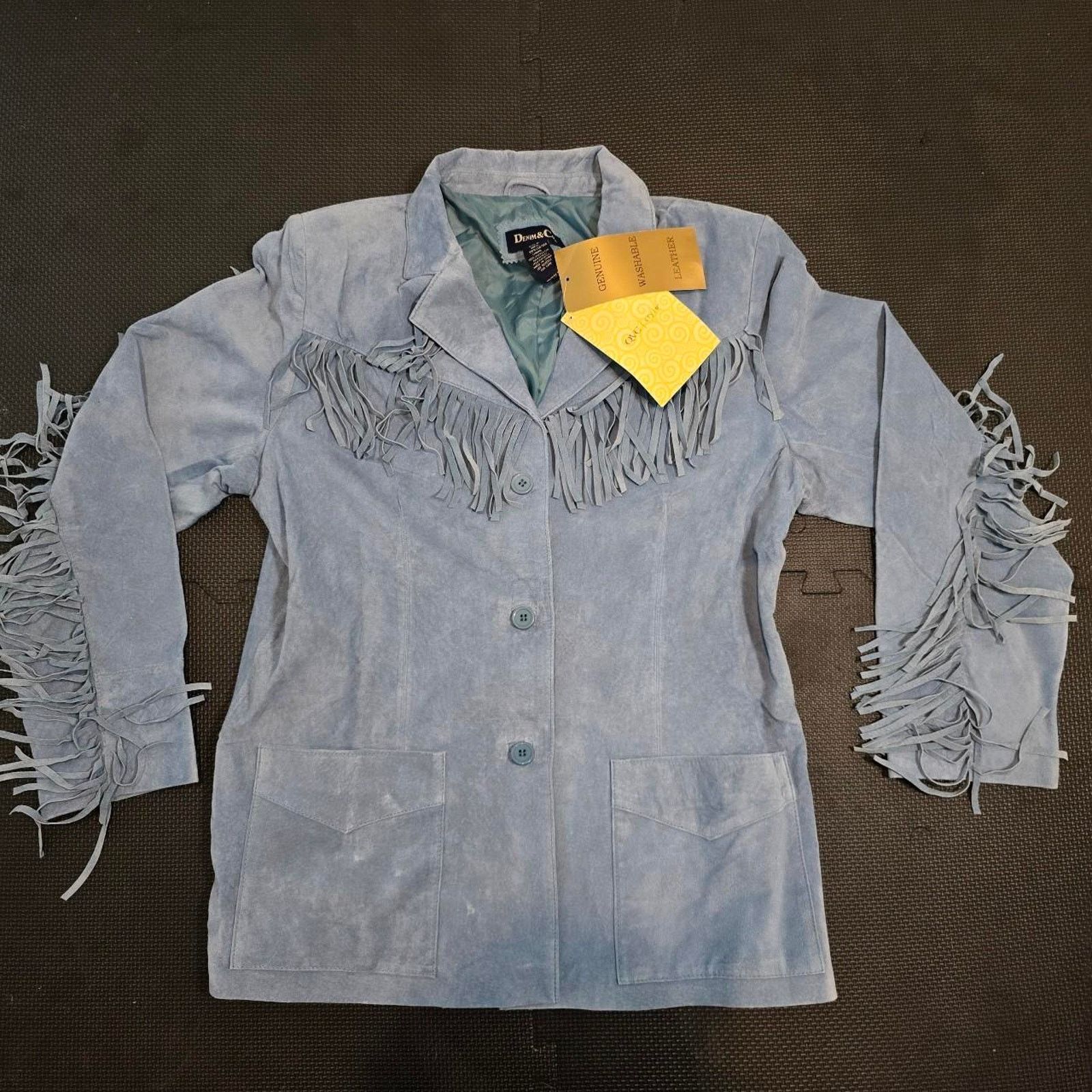 Denim & Co. Vintage 2002 NWT 100% Leather baby blue flange jacket Size L / US 10 / IT 46 - 1 Thumbnail
