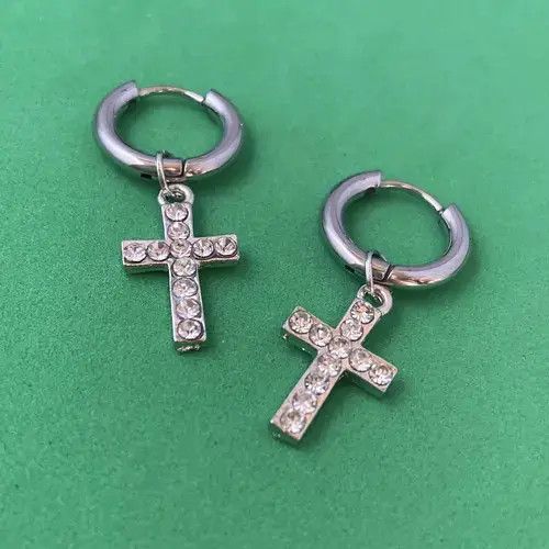 Designer × Jewelry 925 Silver Plated Cross Dangle Drop Earrings for Men Women Size ONE SIZE - 3 Thumbnail