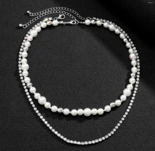Jewelry Unisex layered pearl chain shiny rhinestone tennis necklace Size ONE SIZE - 2 Thumbnail
