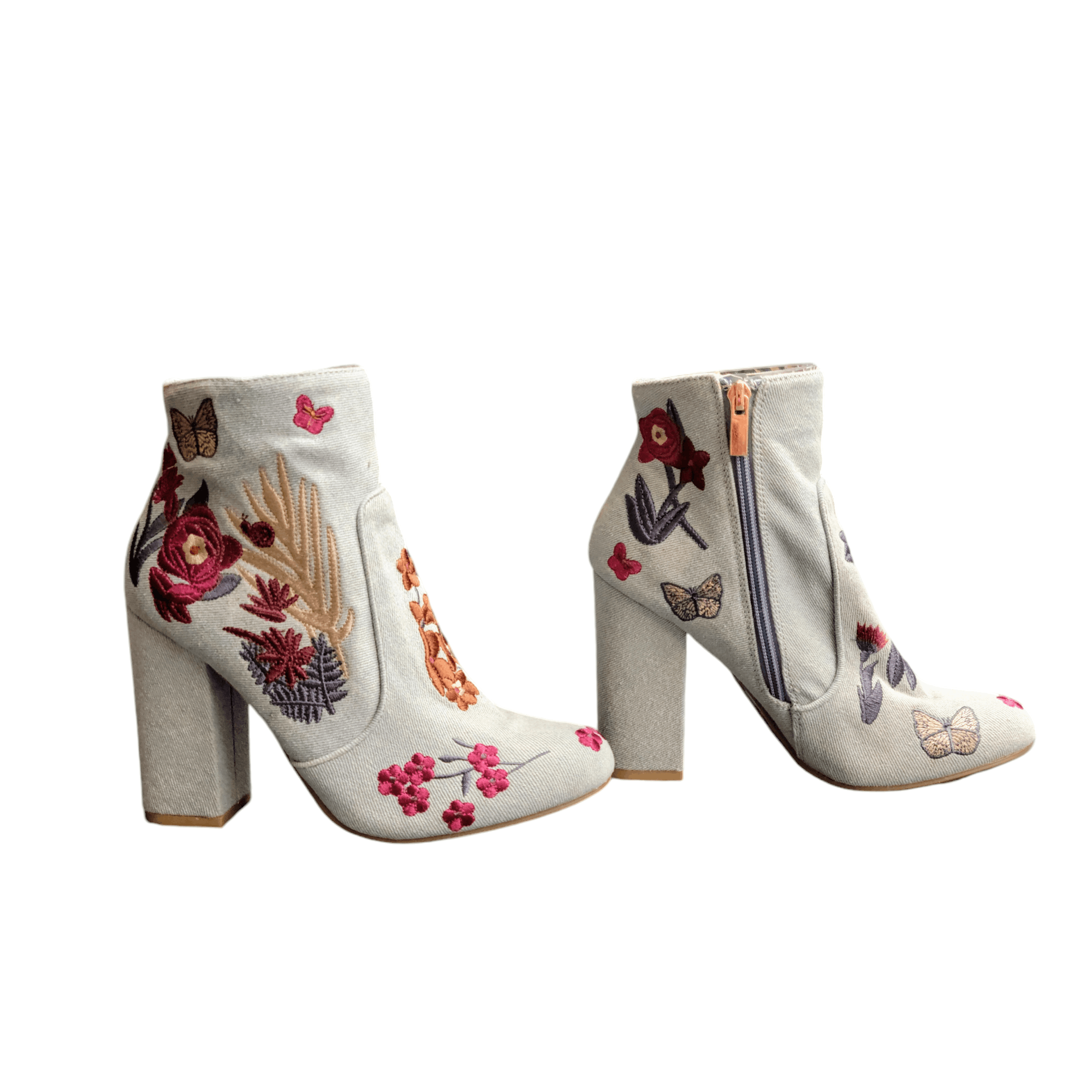 United Bamboo Bamboo Blue Embroidered Flowers & Butterfly Heeled Booties Size US 8 / IT 38 - 2 Thumbnail