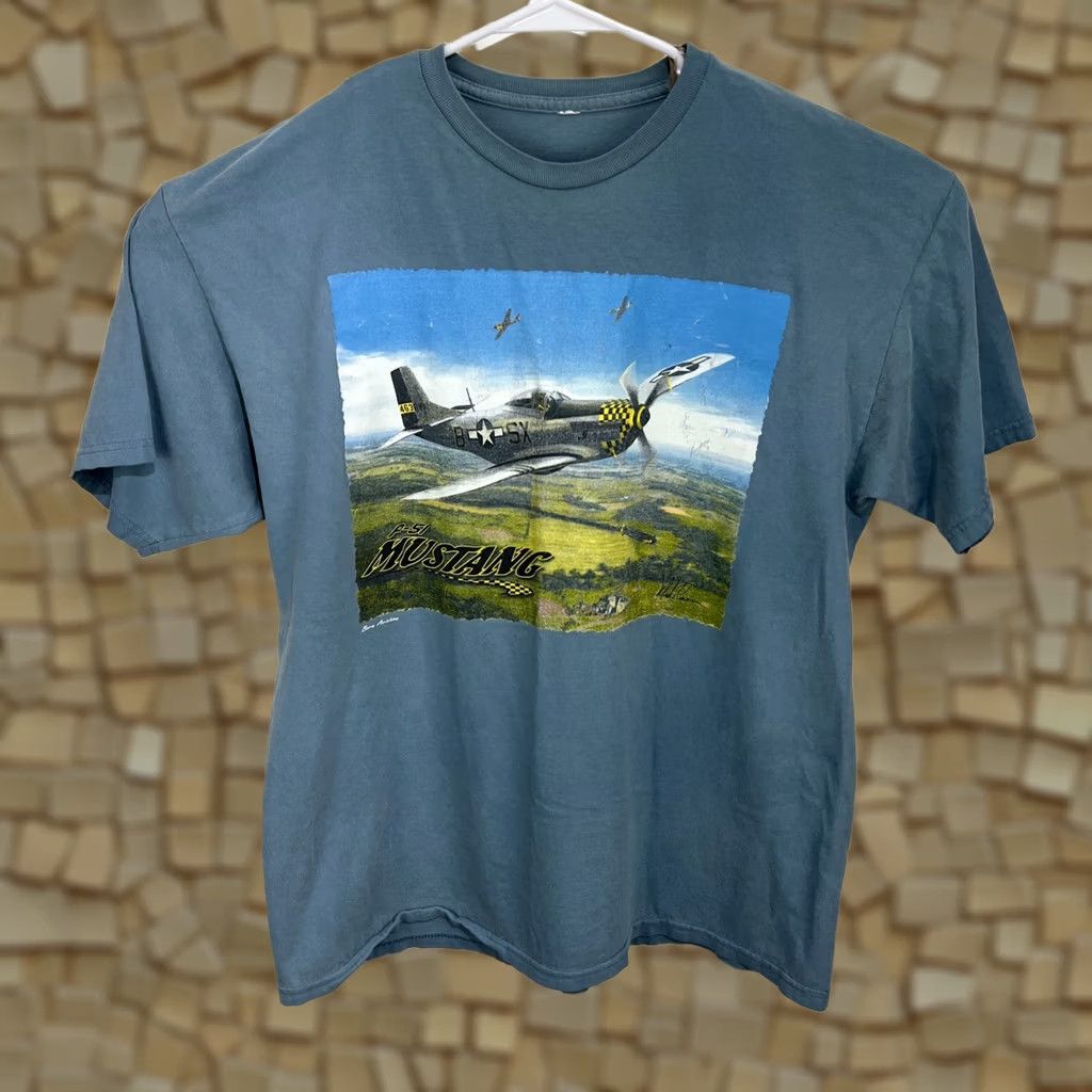 Vintage VINTAGE P-51 MUSTANG Fighter Plane T Shirt Blue XL Crew Neck Short Sleeve Men Aviation Military Shirt Size US XL / EU 56 / 4 - 1 Thumbnail