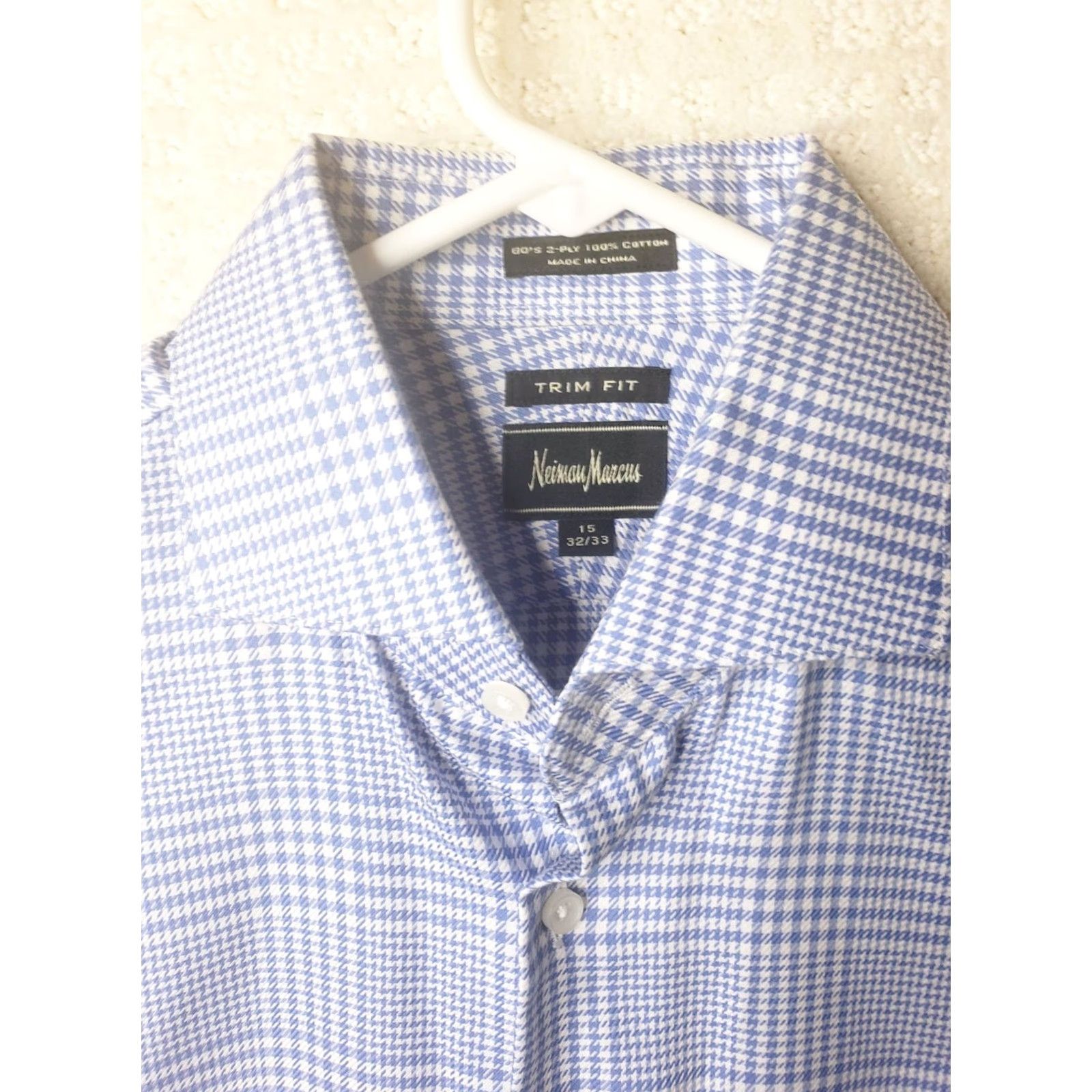 Neiman Marcus Neiman Marcus Shirt Mens 15 x 32/33 Light Blue White Plaid Trim Fit Long Sleeve Button Up 2Ply Dress Shirt Mens Shirts Size US M / EU 48-50 / 2 - 6 Thumbnail