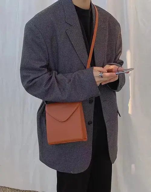 Korean Fashion Faux Leather Flap Crossbody Bag in Brown, Men's