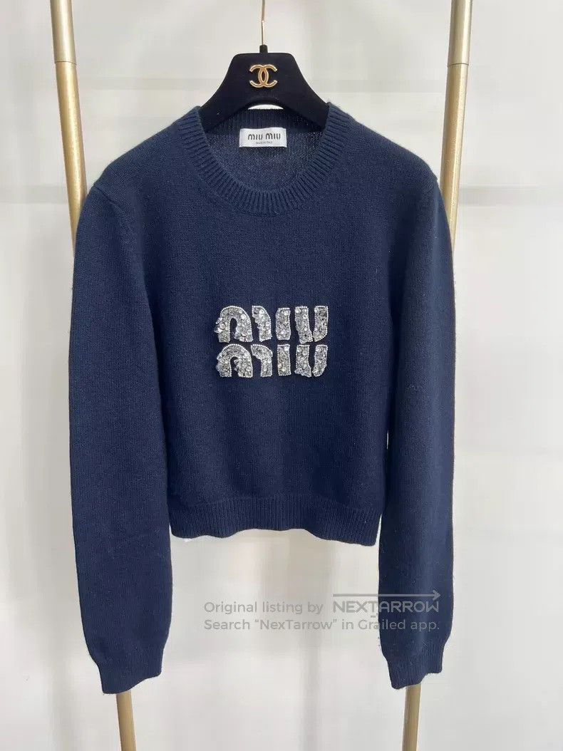 Miu Miu Miu Miu 42 Blue sequined Logo knitted sweater Size L / US 10 / IT 46 - 1 Thumbnail