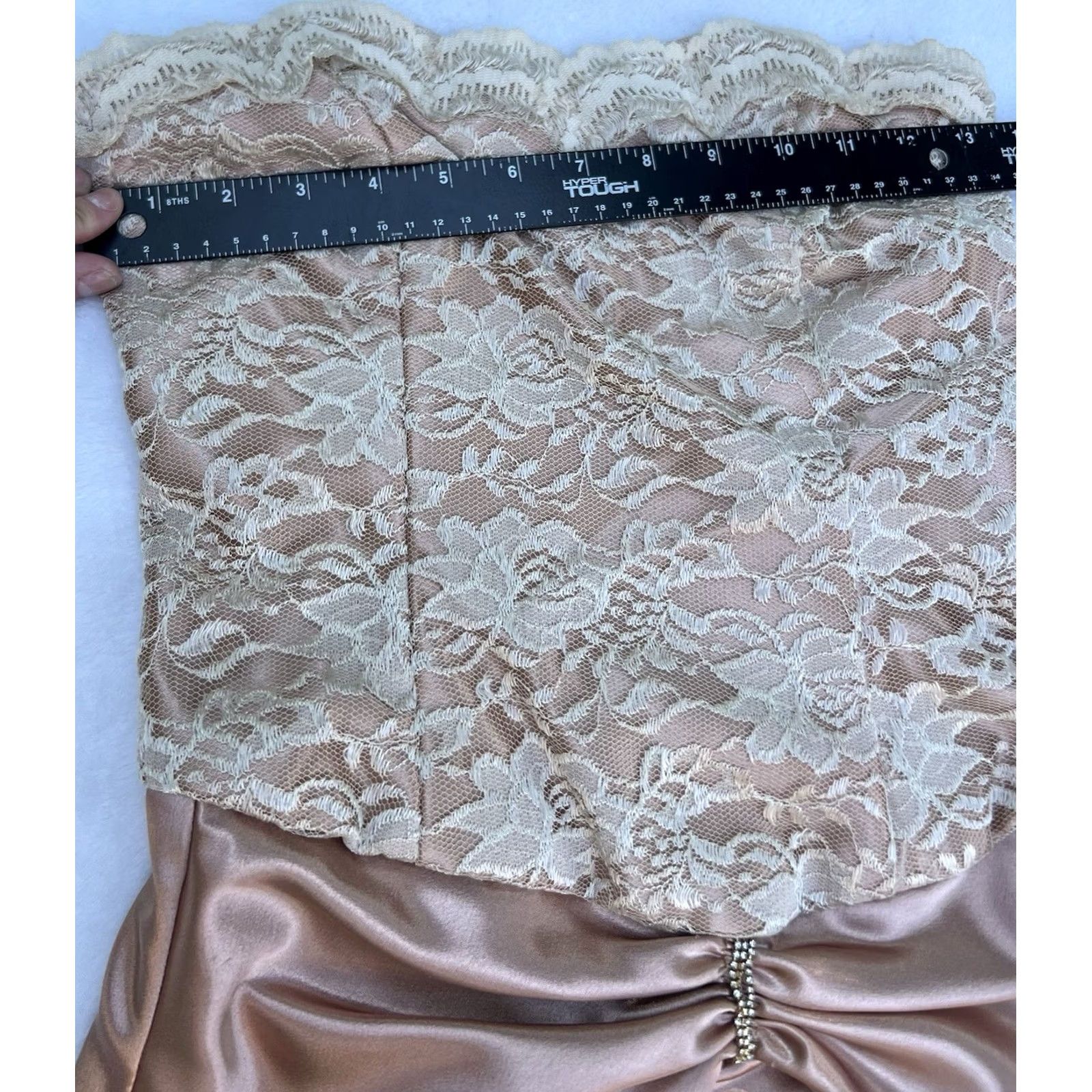 Vintage VINTAGE Dress Lace Satin Bustier Strapless Dusty Rose Pleated Beaded Rhinestone Square Neck Long A-Line Ball Gown 90s Women XS/S Ladies Size S / US 4 / IT 40 - 6 Thumbnail