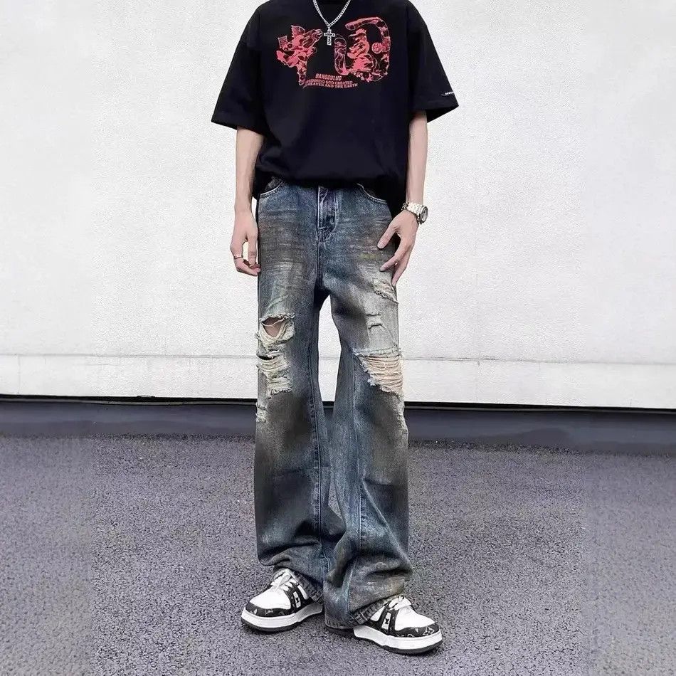 Japanese Brand Retro loose straight leg ripped jeans Size US 32 / EU 48 - 1 Thumbnail