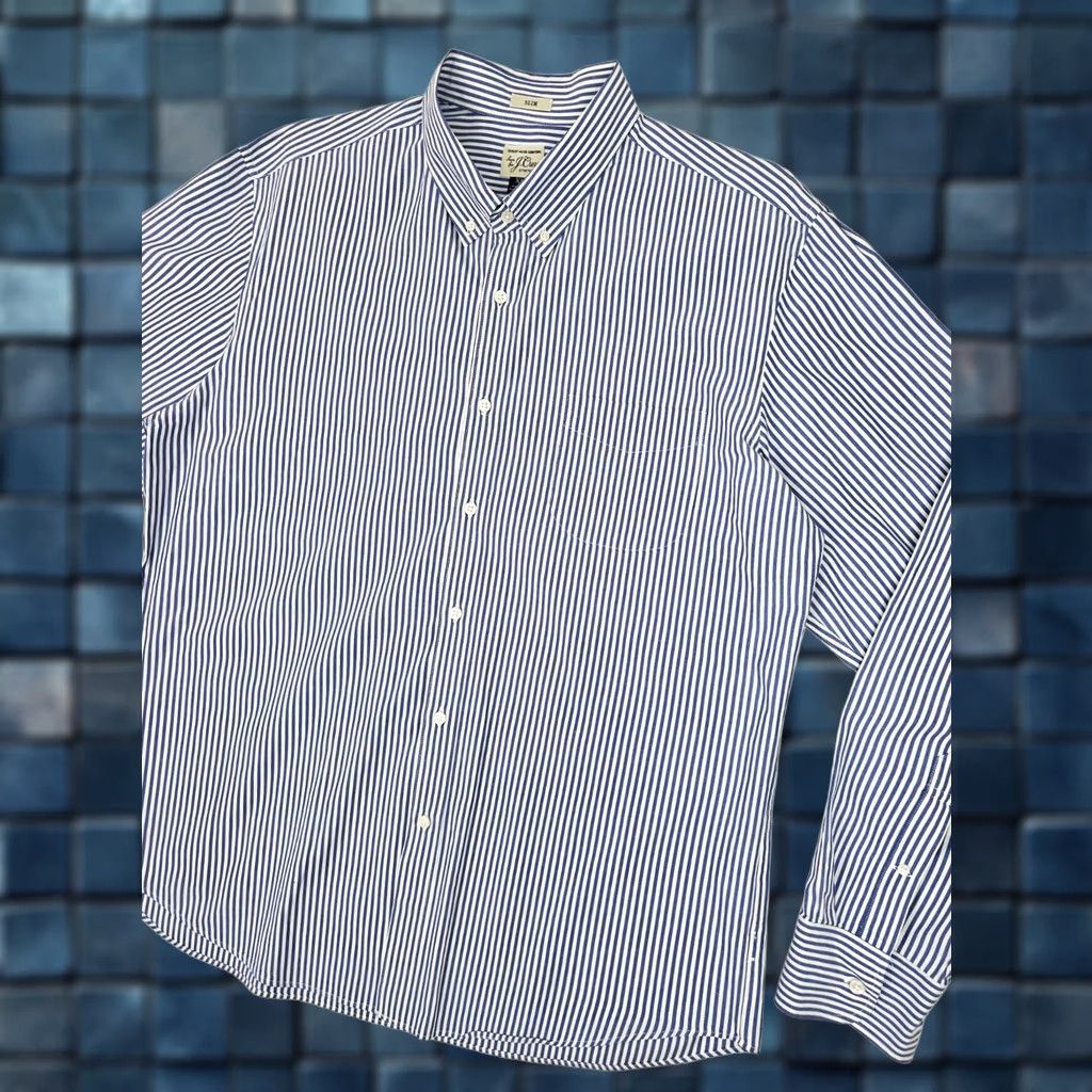 J.Crew J.CREW Slim Fit Shirt Men XL – Vertical Blue Pinstripe – Button-Up, Striped, Classic, Preppy, Secret Wash Shirting, Cotton, 48 in Chest, White? Blue Size US XL / EU 56 / 4 - 1 Thumbnail